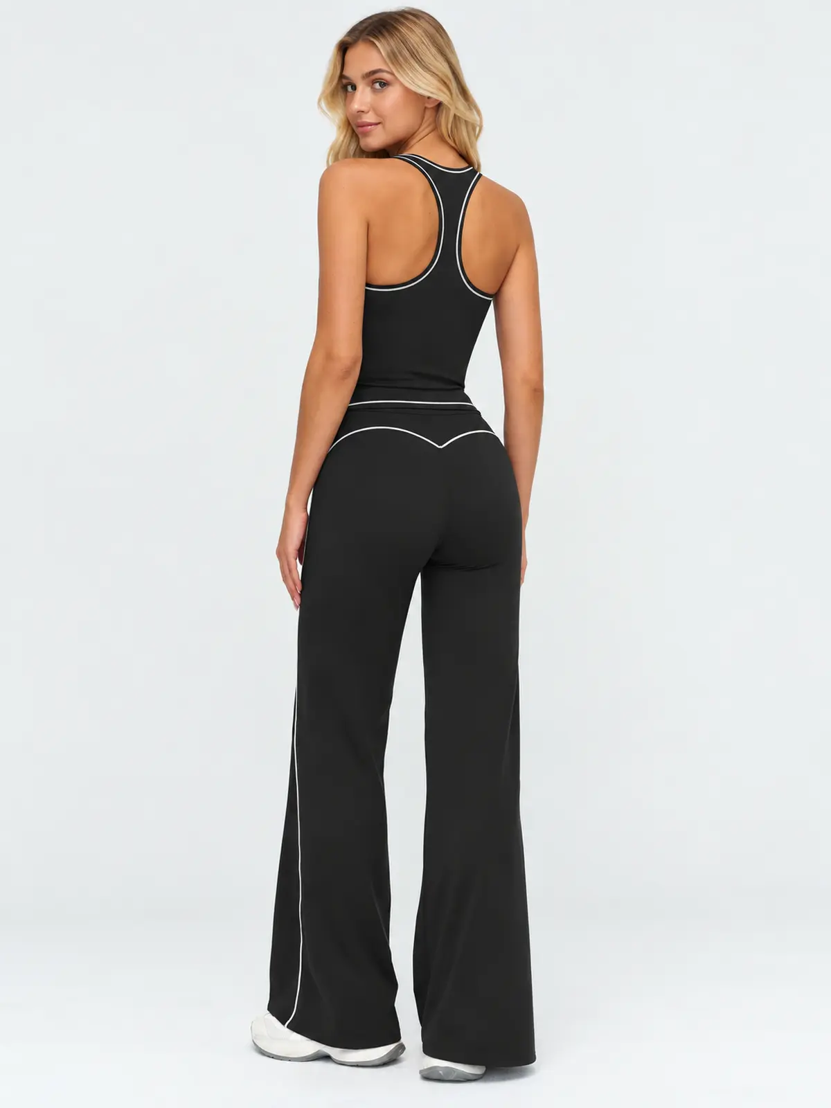Meadow Current Scoop-Neck Longline Tank Top — black with white piping — general — authoritative variation match