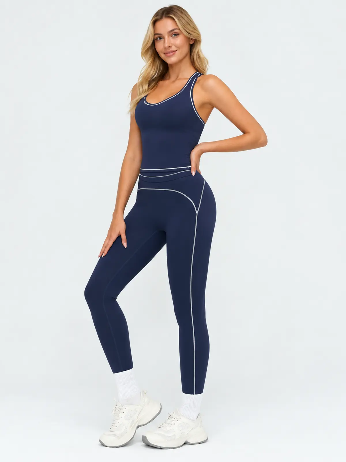 Meadow Current Scoop-Neck Longline Tank Top — navy blue with white contrast piping — general — authoritative variation match