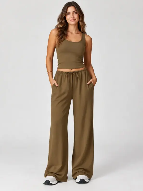 Meadowline Drift Full-Length Drawstring Wide-Leg Yoga Pants — coffee brown — authoritative variation image