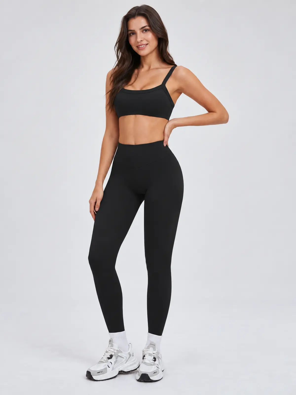 Mistral Woven Square-Neck Sports Bra and High-Waisted Leggings Set — black — general — authoritative variation match