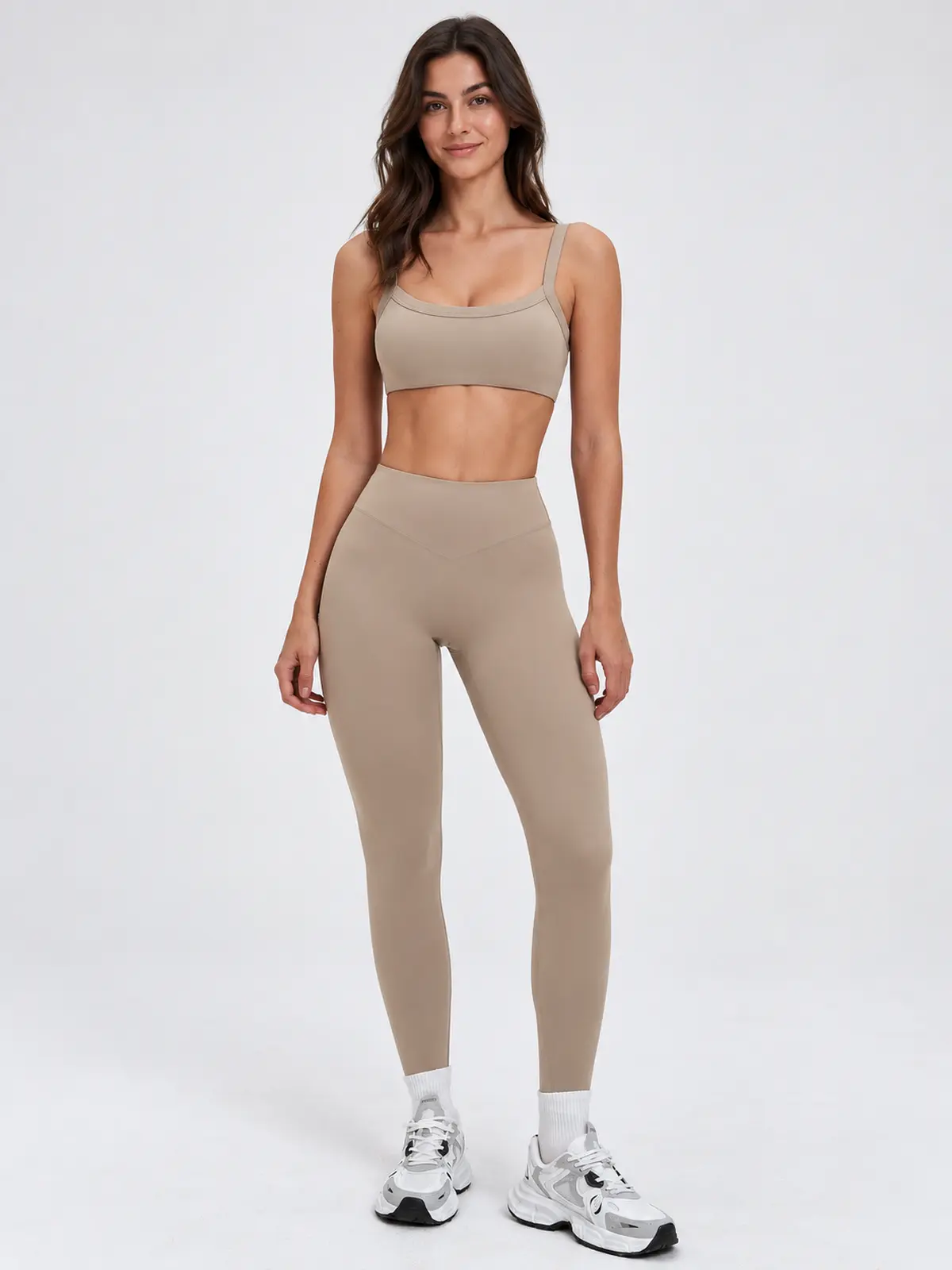 Mistral Woven Square-Neck Sports Bra and High-Waisted Leggings Set — camel brown — general — authoritative variation image