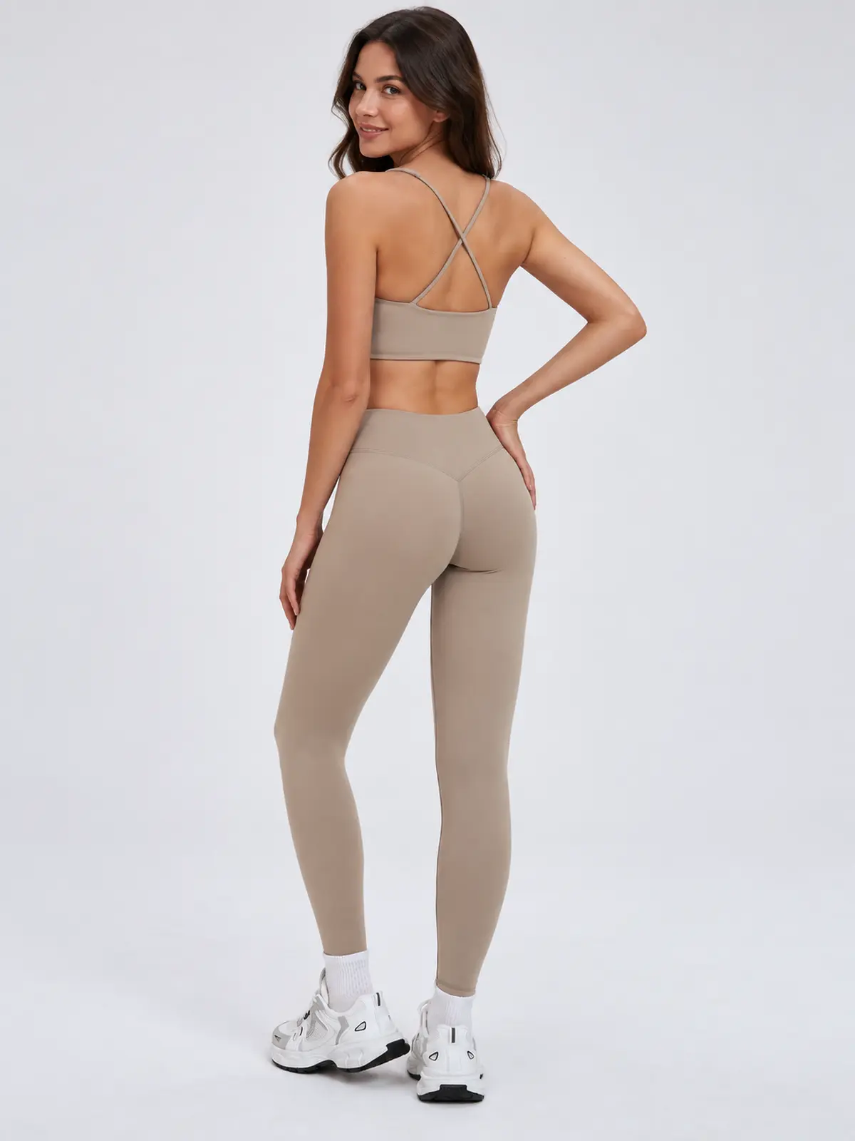 Mistral Woven Square-Neck Sports Bra and High-Waisted Leggings Set — camel brown — general — authoritative variation match
