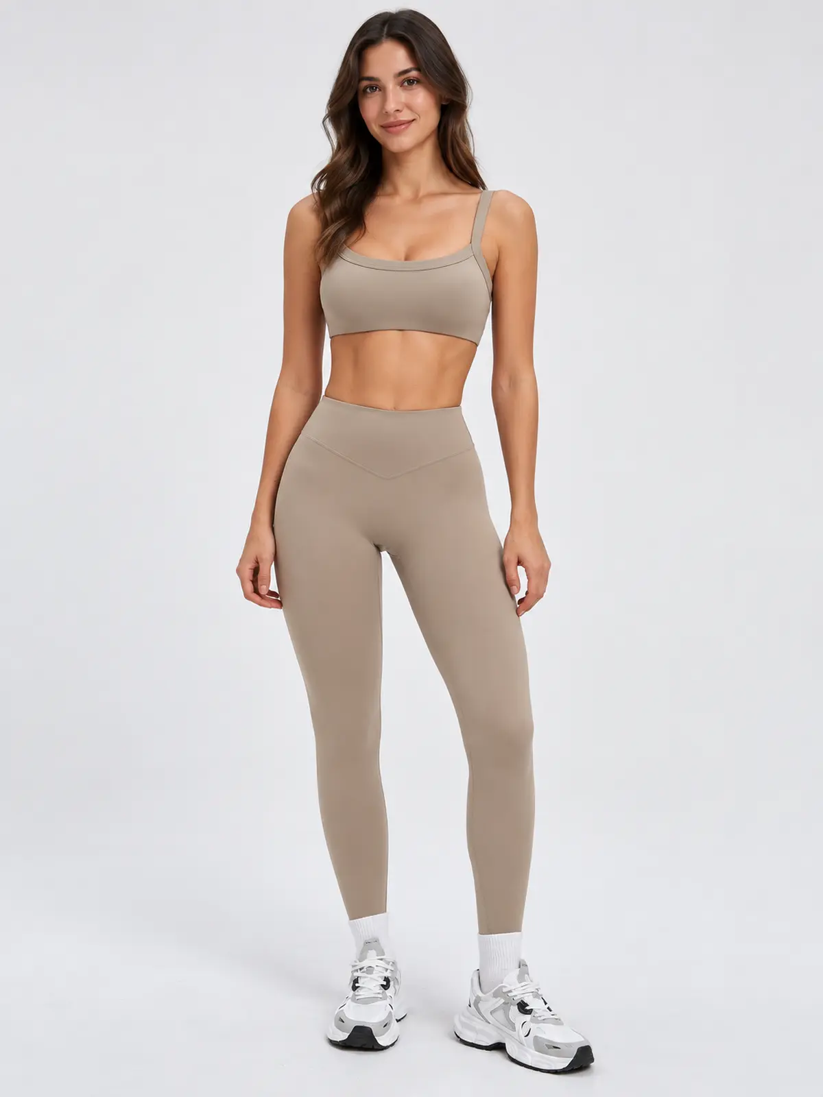 Mistral Woven Square-Neck Sports Bra and High-Waisted Leggings Set — camel brown — general — authoritative variation match