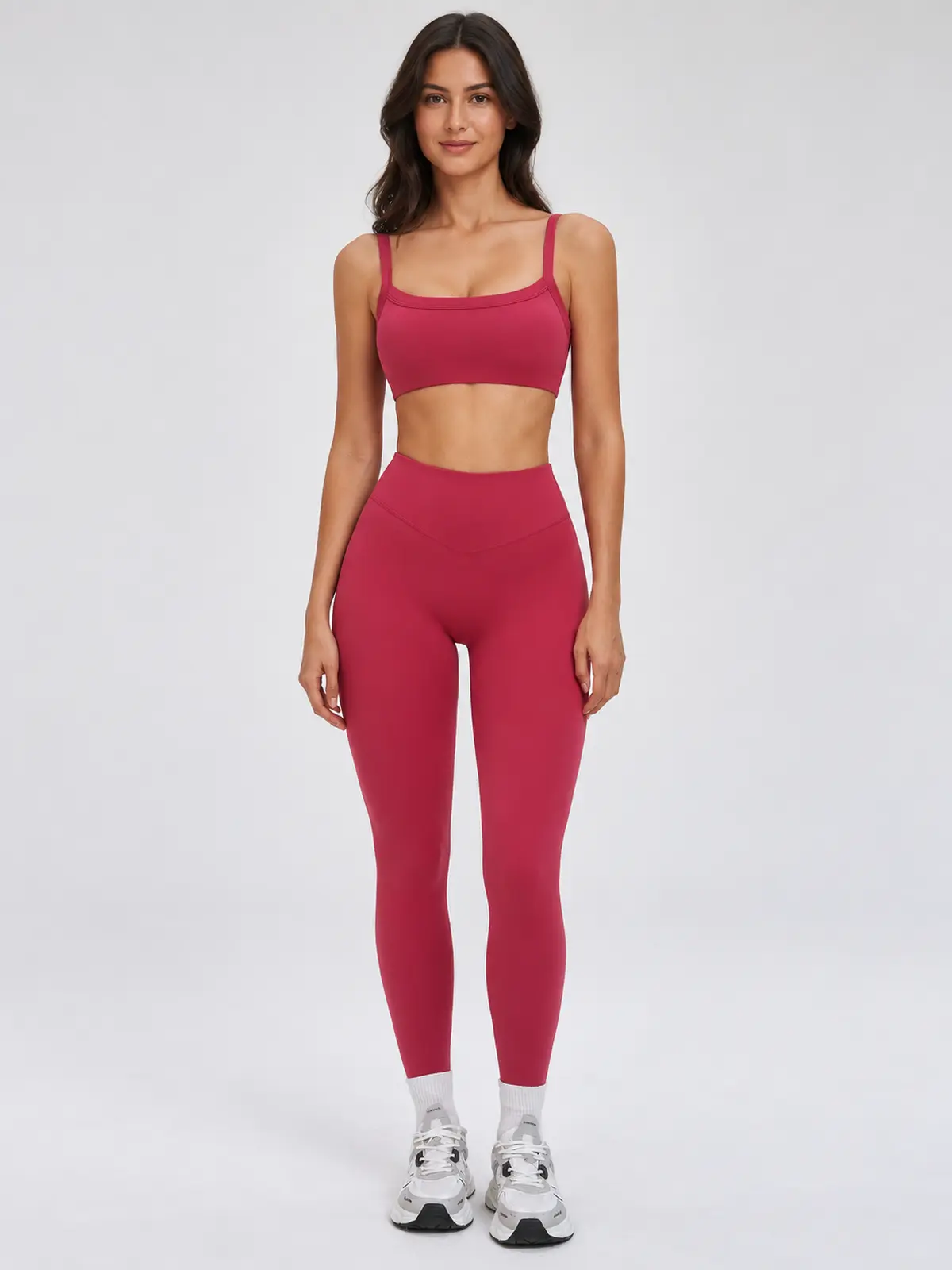 Mistral Woven Square-Neck Sports Bra and High-Waisted Leggings Set — dark rose red — general — authoritative variation image