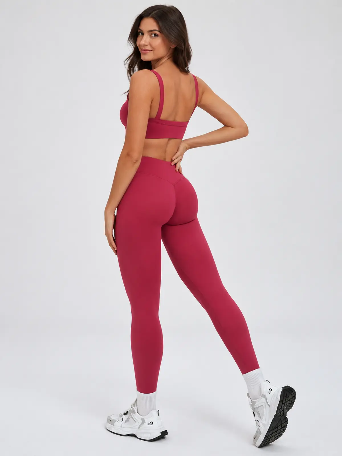 Mistral Woven Square-Neck Sports Bra and High-Waisted Leggings Set — dark rose red — general — authoritative variation match