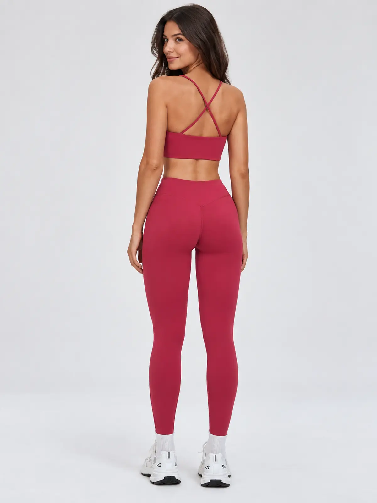 Mistral Woven Square-Neck Sports Bra and High-Waisted Leggings Set — dark rose red — general — authoritative variation match