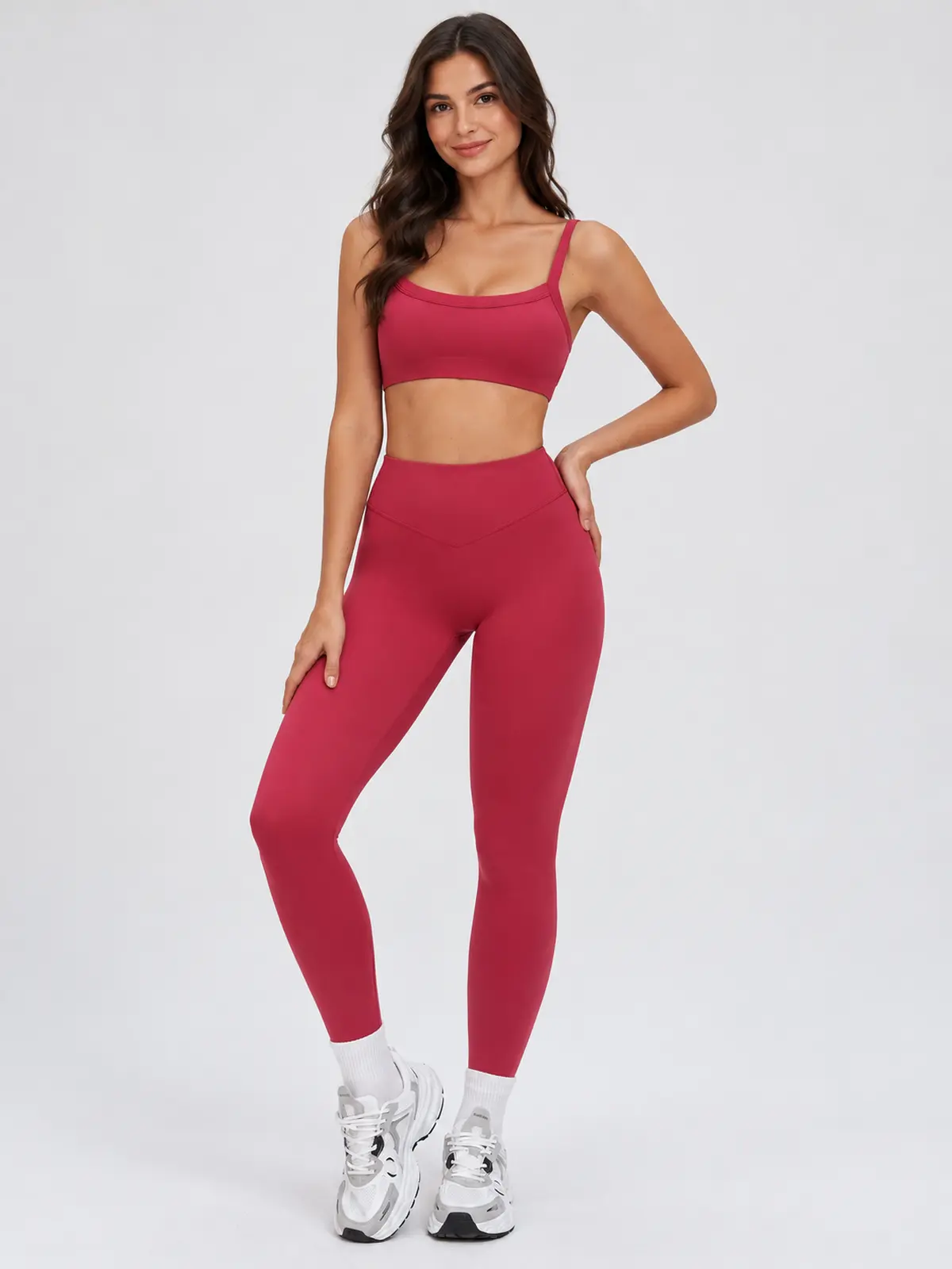 Mistral Woven Square-Neck Sports Bra and High-Waisted Leggings Set — dark rose red — general — authoritative variation match