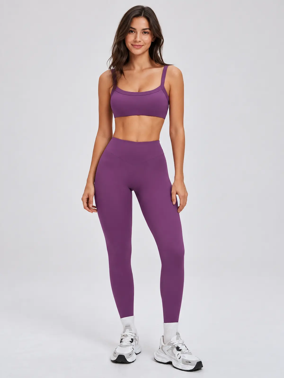 Mistral Woven Square-Neck Sports Bra and High-Waisted Leggings Set — purple — general — authoritative variation match