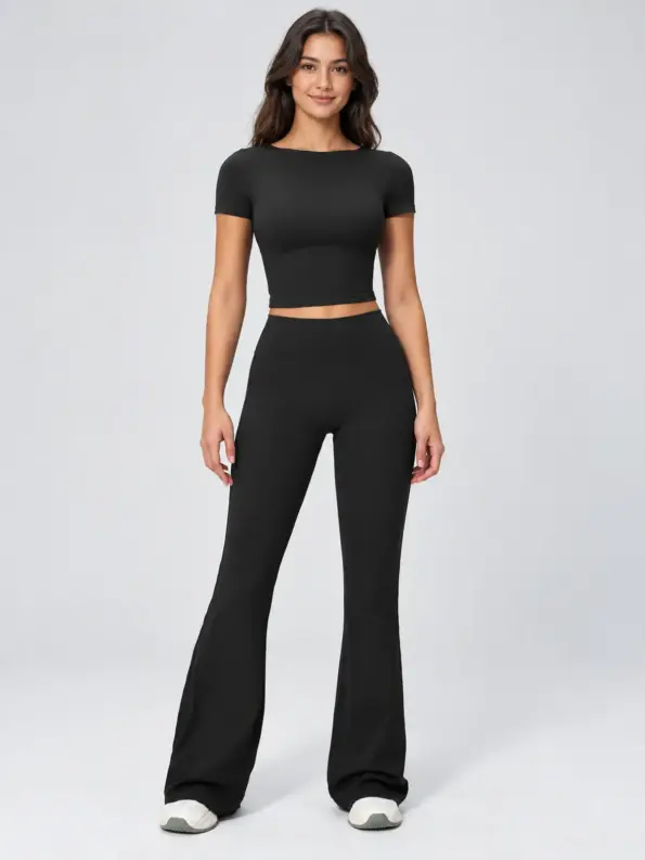 Moraine Drift Short-Sleeve Crop Top and Flare Leggings Set — black — general — authoritative variation image
