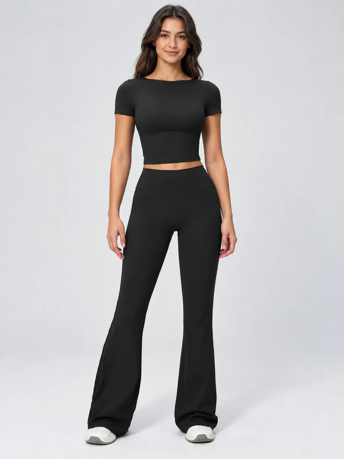 Moraine Drift Short-Sleeve Crop Top and Flare Leggings Set — black — general — authoritative variation image