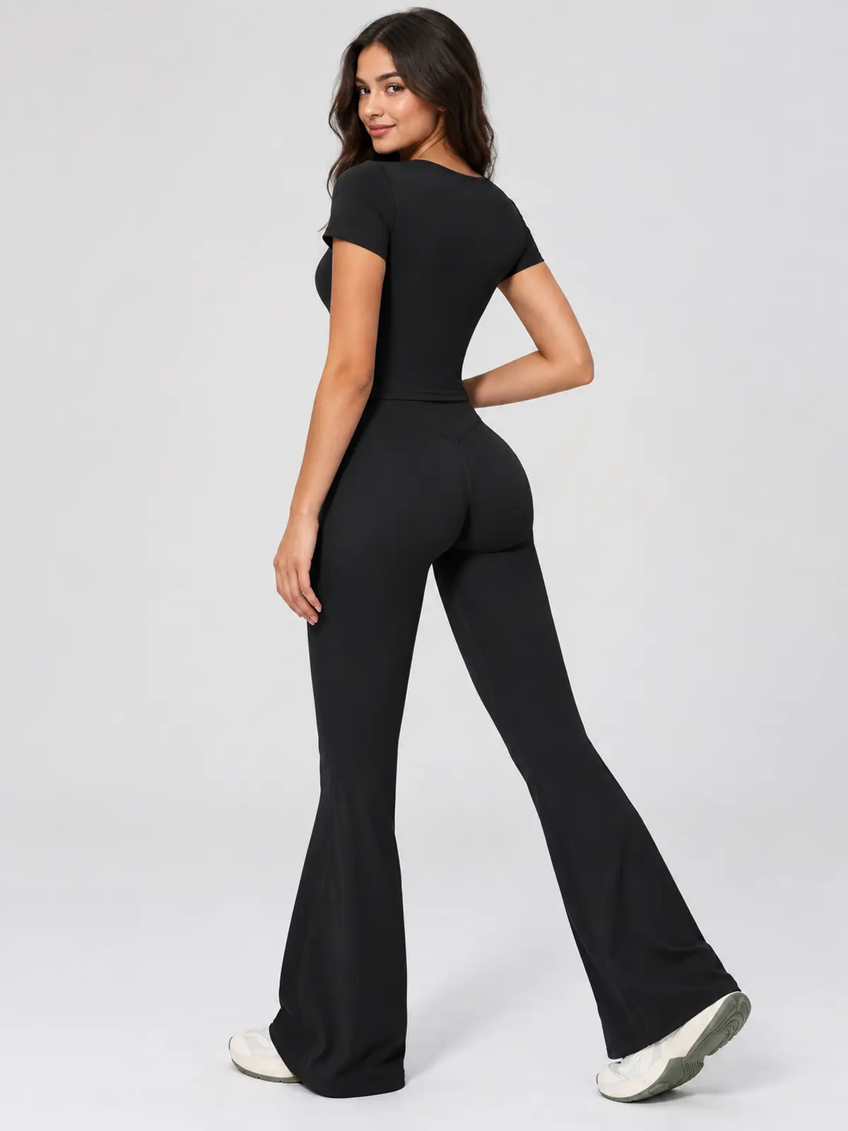 Moraine Drift Short-Sleeve Crop Top and Flare Leggings Set — black — general — authoritative variation match