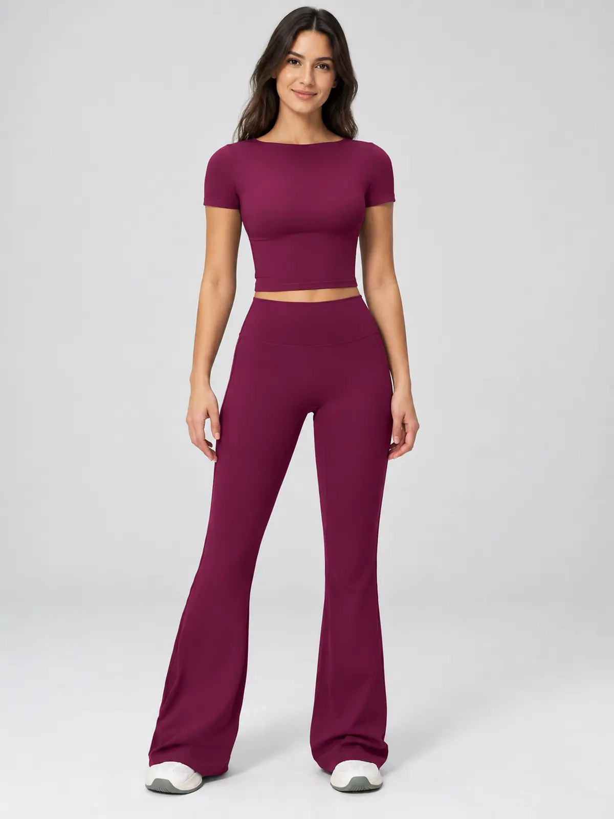 Moraine Drift Short-Sleeve Crop Top and Flare Leggings Set — dark burgundy purple — general — authoritative variation image