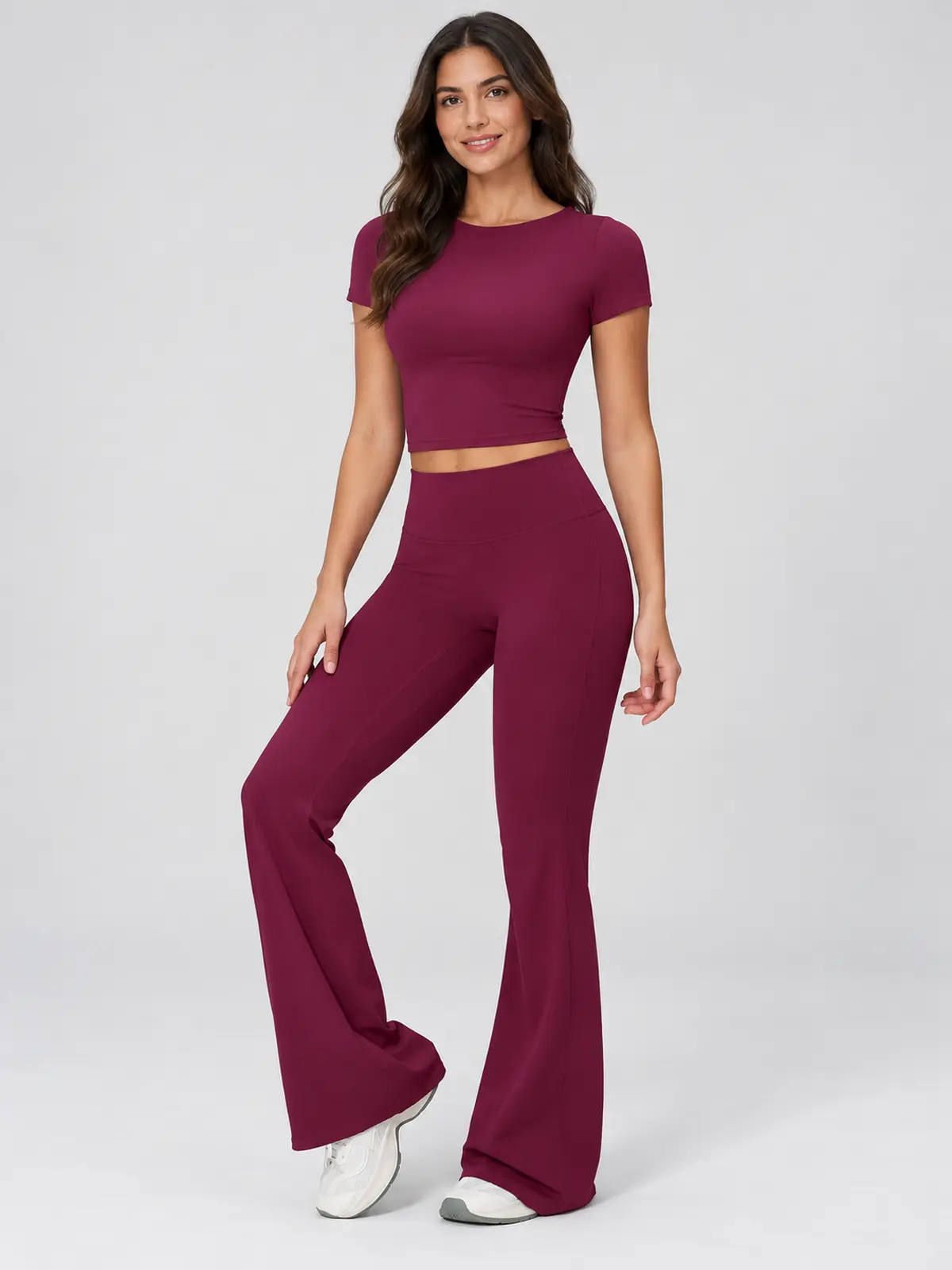 Moraine Drift Short-Sleeve Crop Top and Flare Leggings Set — dark burgundy purple — general — authoritative variation match