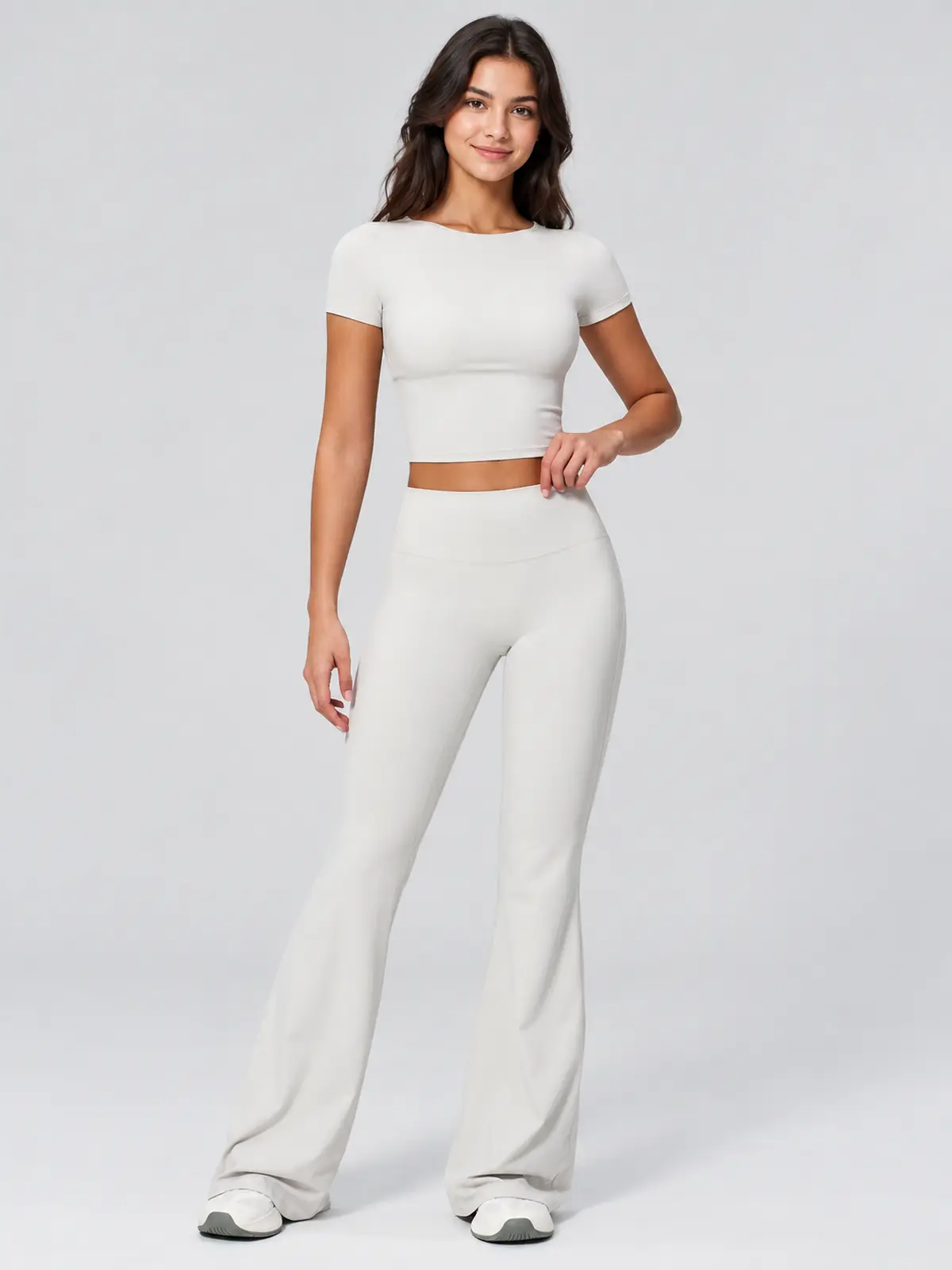 Moraine Drift Short-Sleeve Crop Top and Flare Leggings Set — off-white — general — authoritative variation match