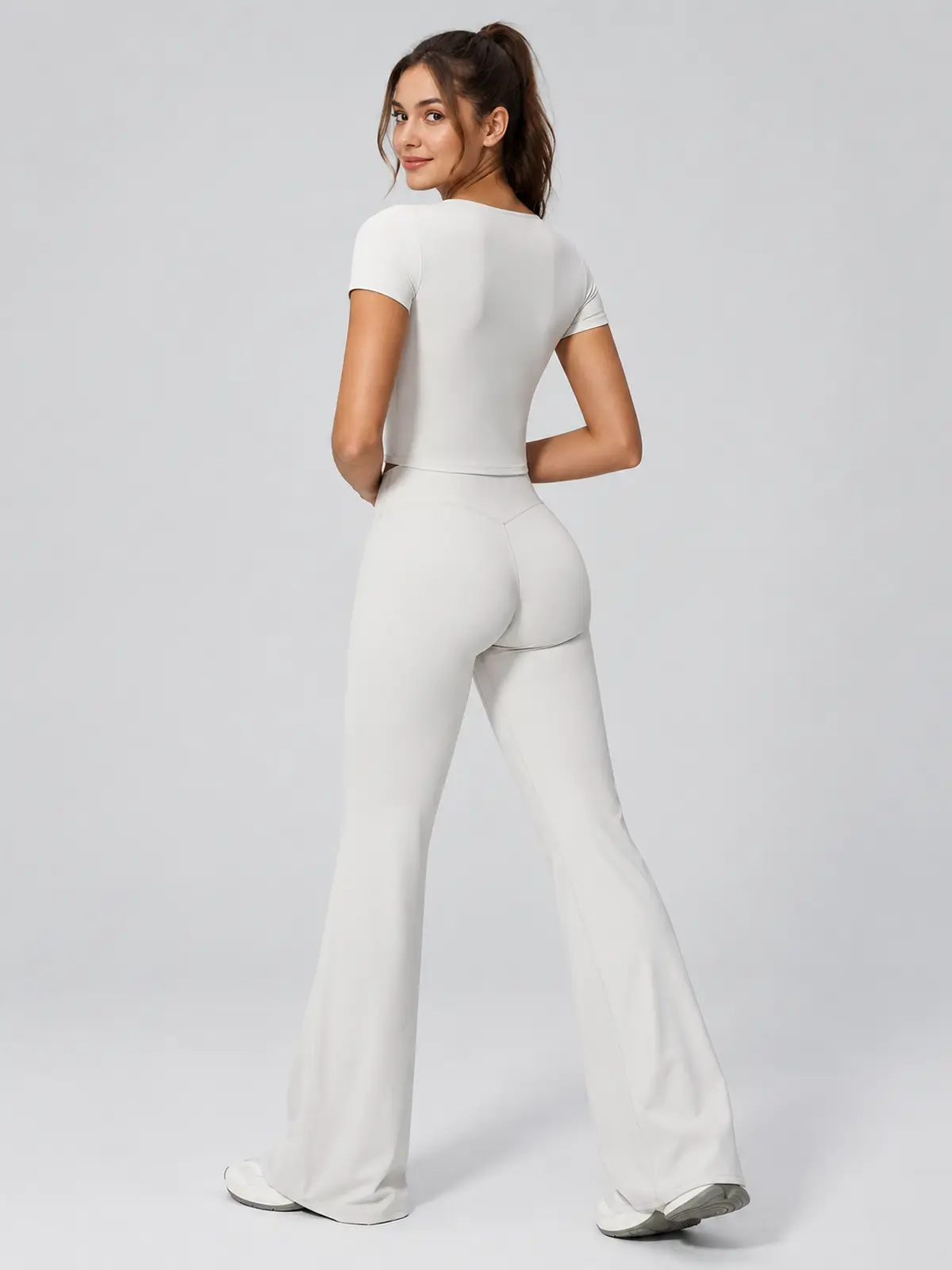 Moraine Drift Short-Sleeve Crop Top and Flare Leggings Set — off-white — general — authoritative variation match