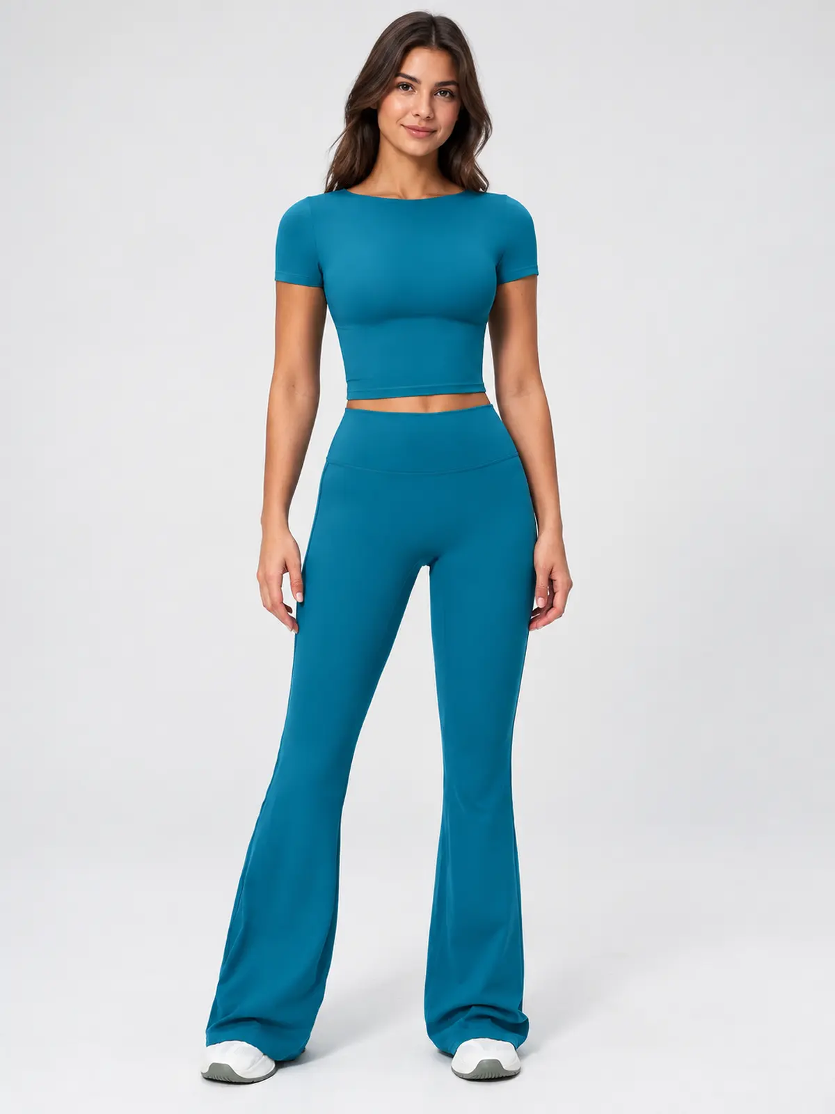 Moraine Drift Short-Sleeve Crop Top and Flare Leggings Set — peacock blue — general — authoritative variation image