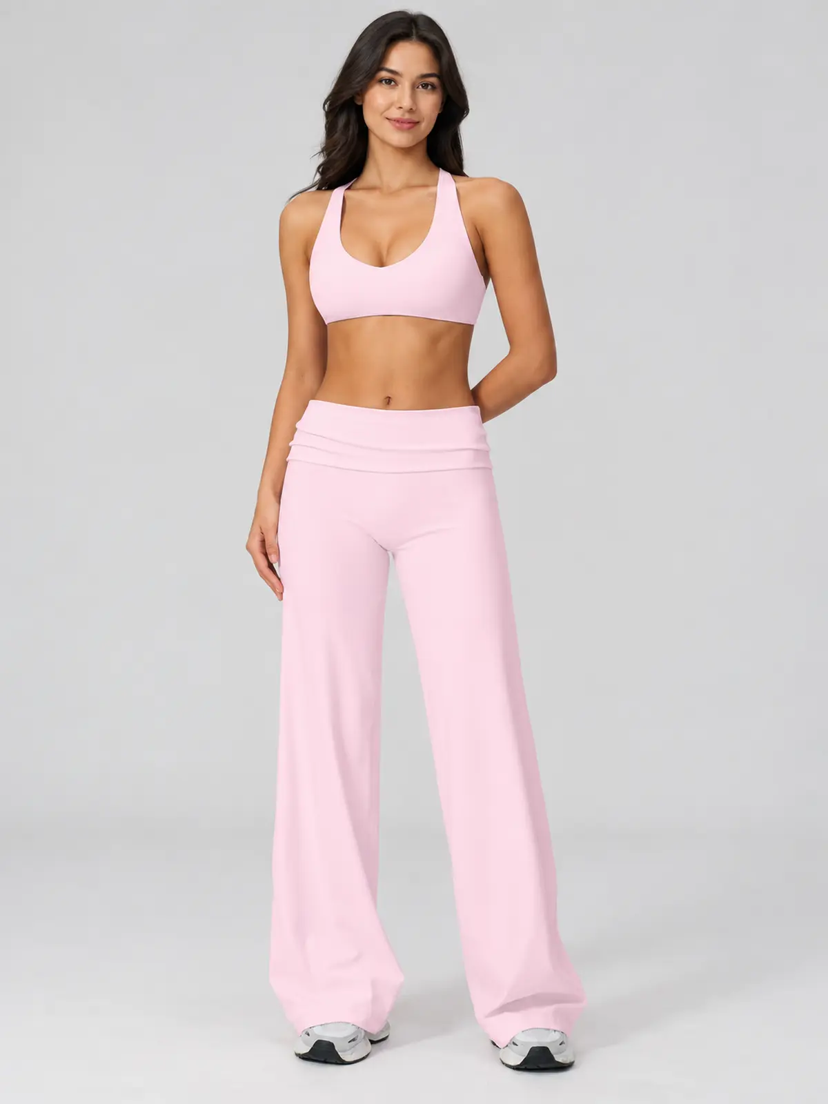 Morrow Lattice Cross-Back Scoop-Neck Sports Bra — light pink — general — authoritative variation match