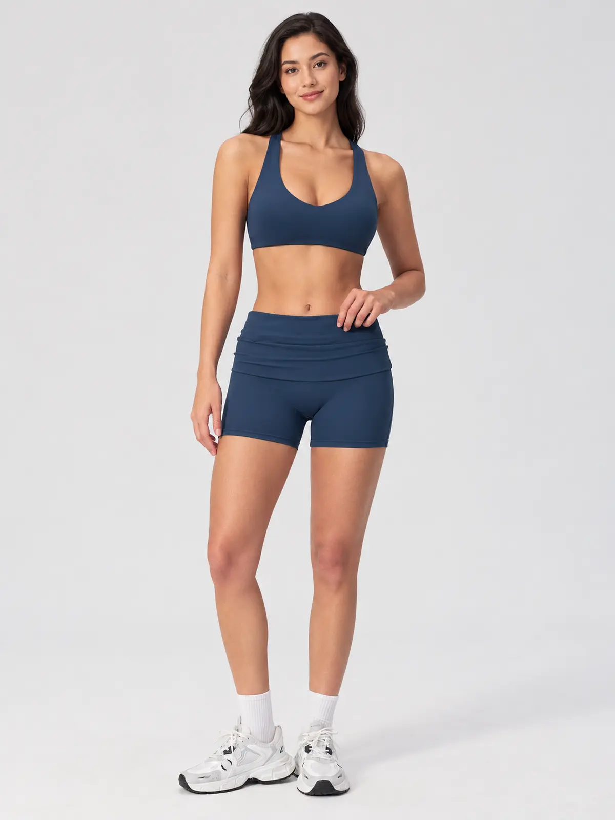 Morrow Lattice Cross-Back Scoop-Neck Sports Bra — navy blue — general — authoritative variation match