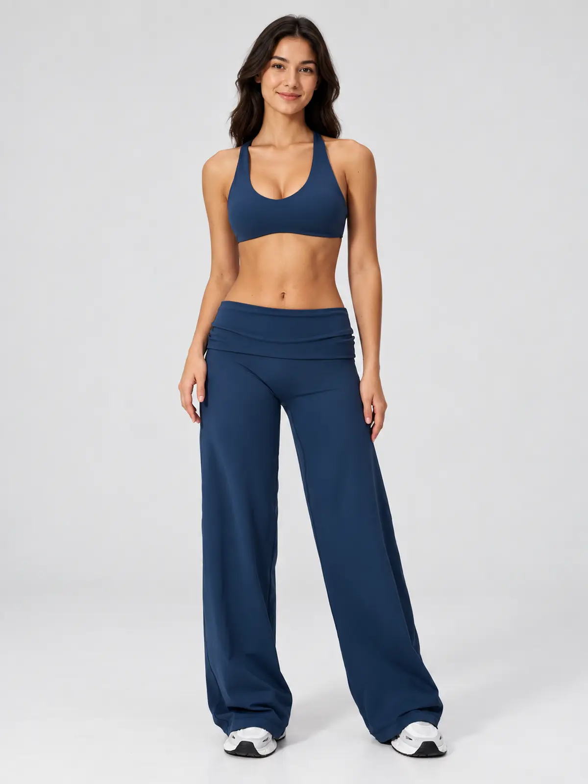 Morrow Lattice Cross-Back Scoop-Neck Sports Bra — navy blue — general — authoritative variation match