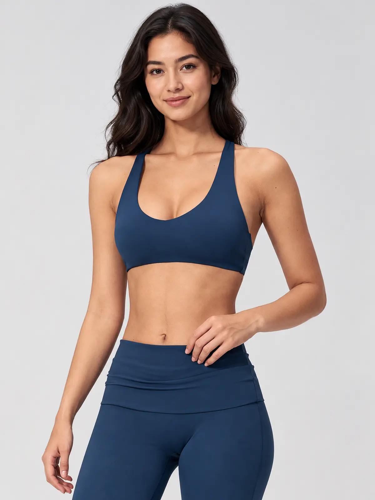 Morrow Lattice Cross-Back Scoop-Neck Sports Bra — navy blue — sports-bra — authoritative variation match