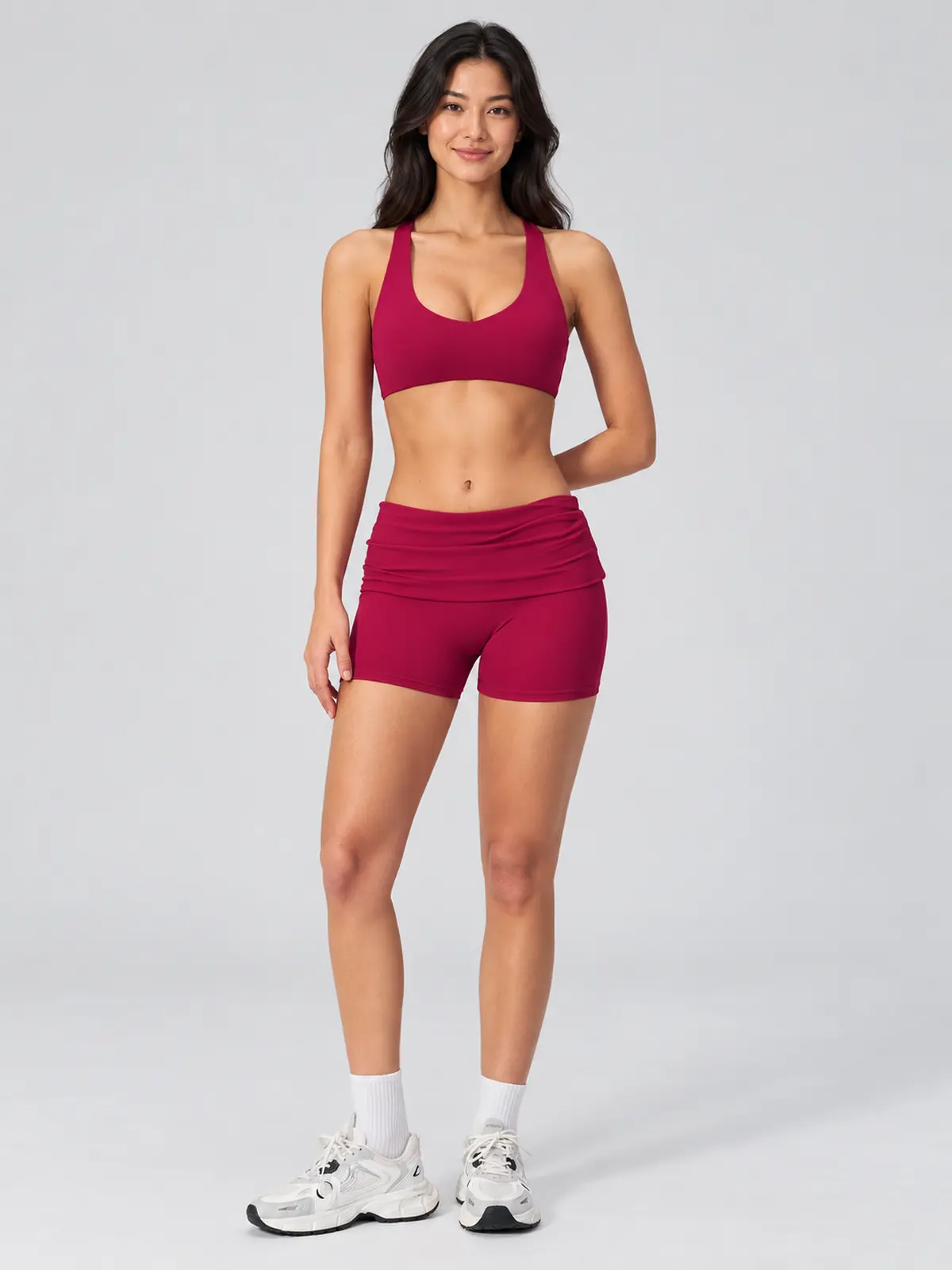 Morrow Lattice Cross-Back Scoop-Neck Sports Bra — raspberry red — general — authoritative variation match