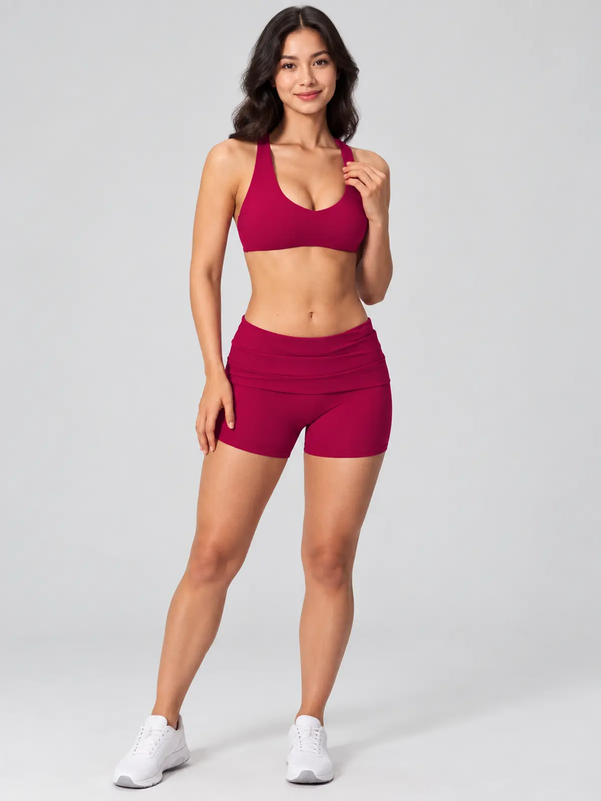 Morrow Lattice Cross-Back Scoop-Neck Sports Bra — raspberry red — general — authoritative variation match