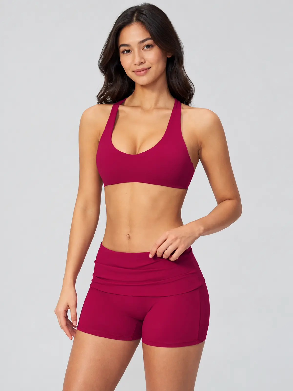 Morrow Lattice Cross-Back Scoop-Neck Sports Bra — raspberry red — general — authoritative variation match