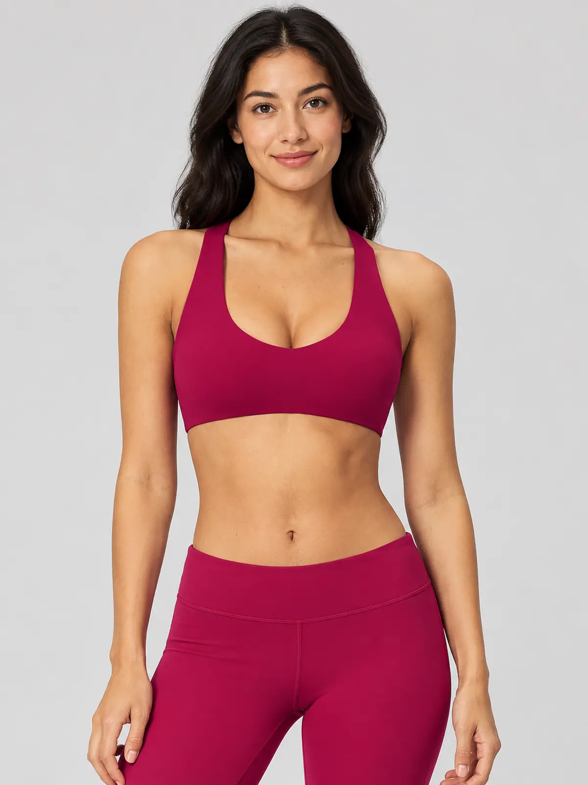 Morrow Lattice Cross-Back Scoop-Neck Sports Bra — raspberry red — sports-bra — authoritative variation match