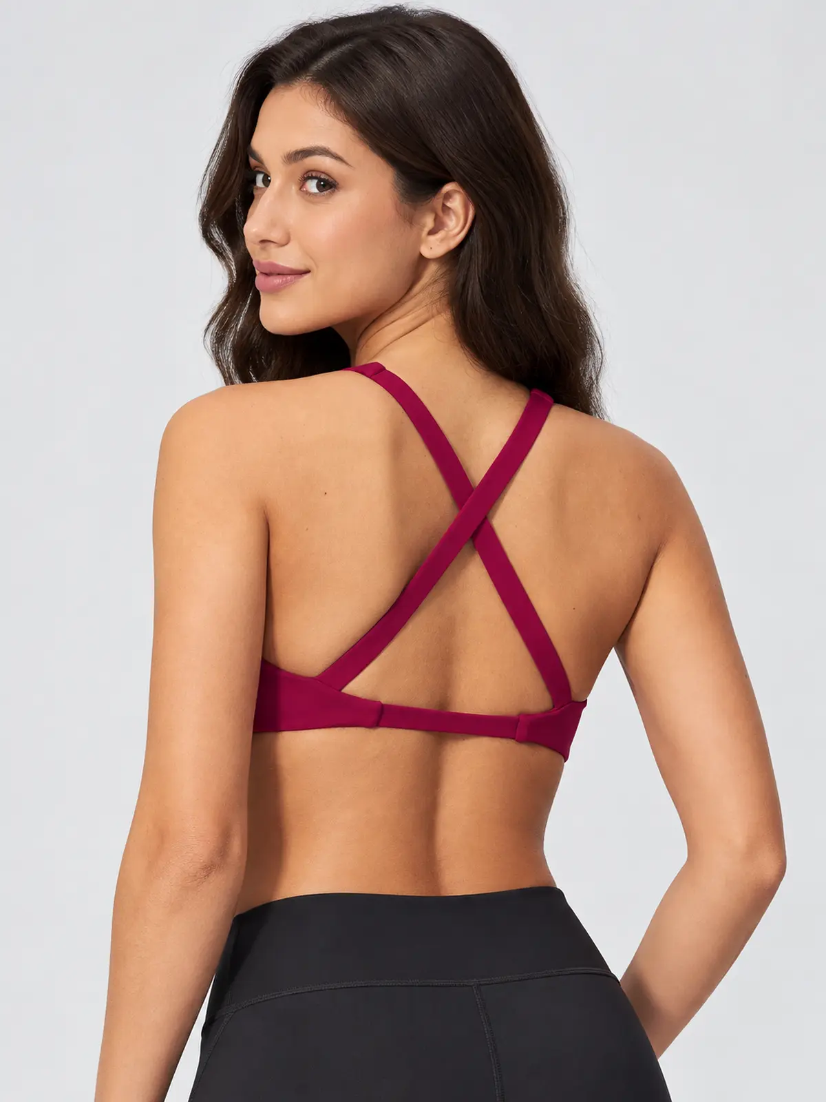 Morrow Lattice Cross-Back Scoop-Neck Sports Bra — raspberry red — sports-bra — authoritative variation match