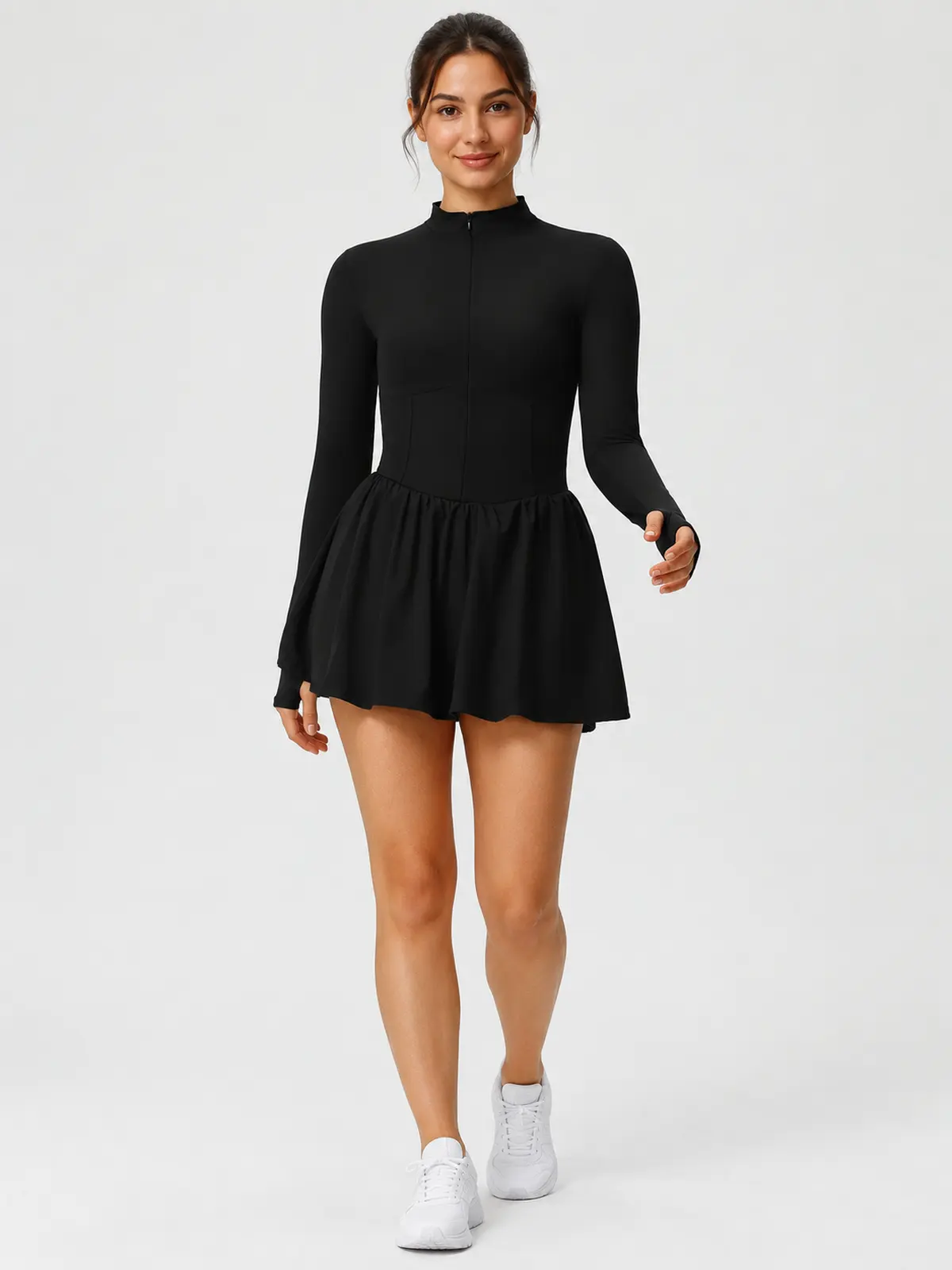 Motion Current Long-Sleeve Zip-Front Exercise Dress — black — exercise-dress — authoritative variation image