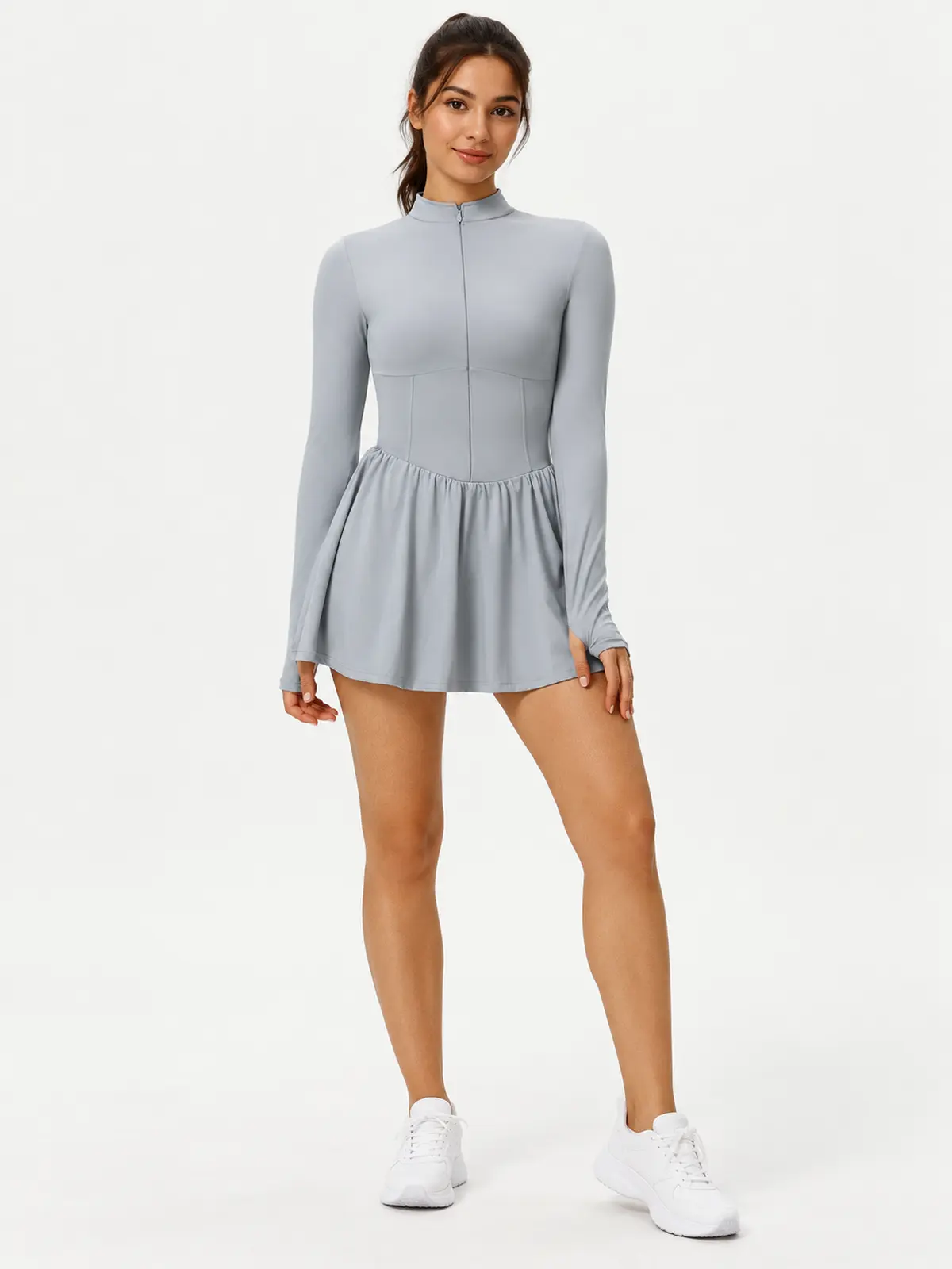 Motion Current Long-Sleeve Zip-Front Exercise Dress — light gray — exercise-dress — authoritative variation image