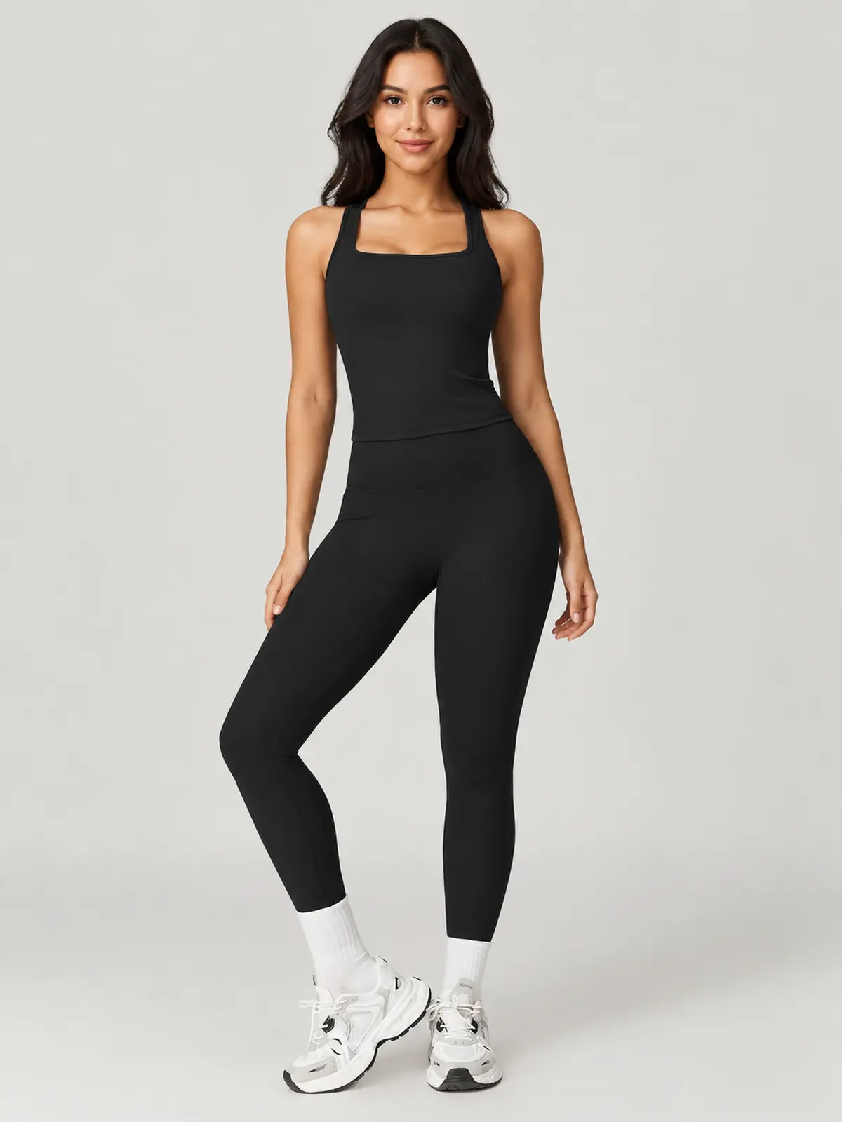 Nightfall Atelier Sleeveless Square-Neck Top and Full-Length Leggings Set — black — general — authoritative variation match