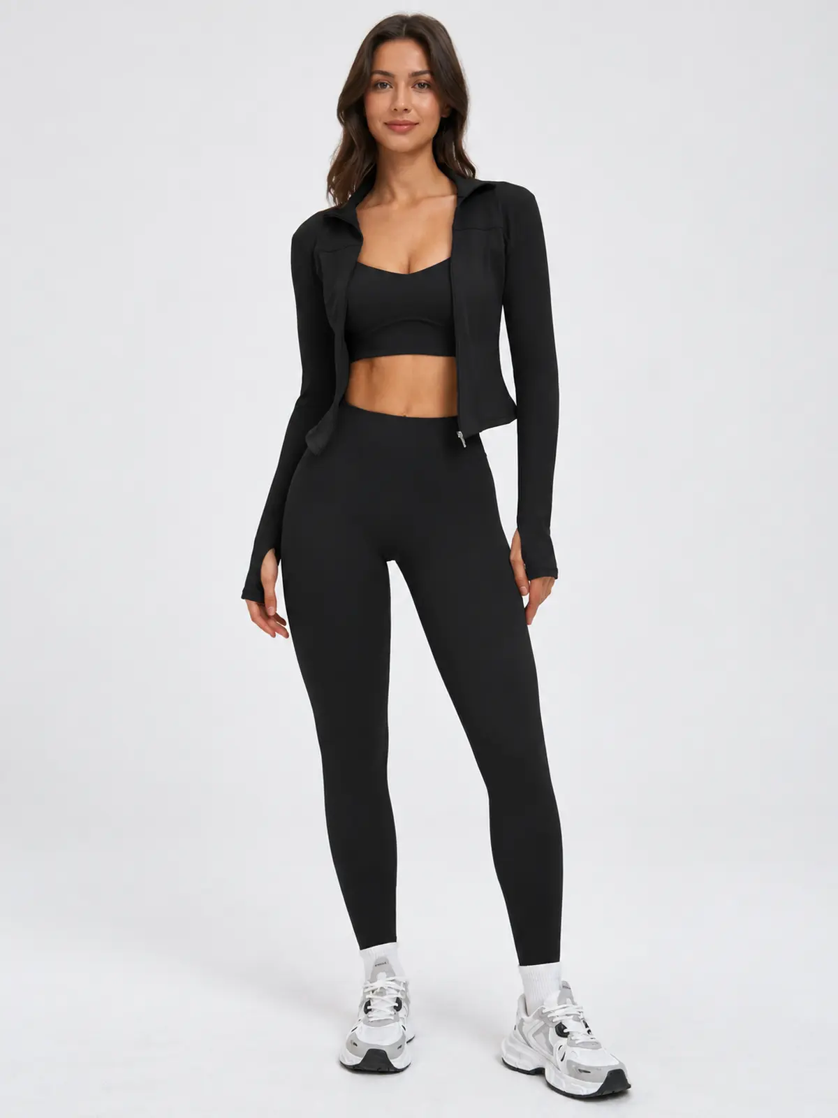 Nova Folio Sweetheart Sports Bra, Zip-Front Jacket and Leggings Set — black — general — authoritative variation image