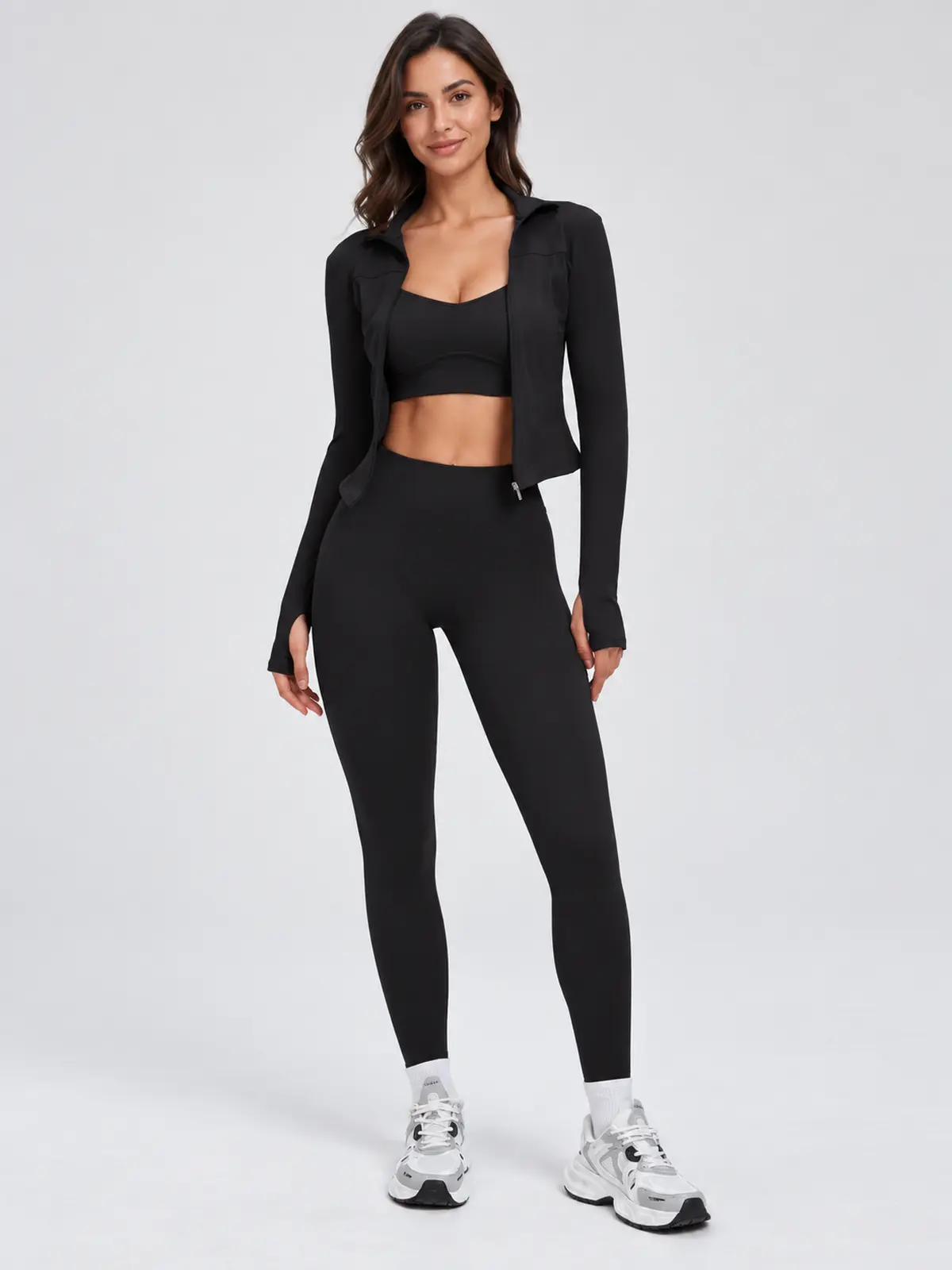 Nova Folio Sweetheart Sports Bra, Zip-Front Jacket and Leggings Set — black — general — authoritative variation match