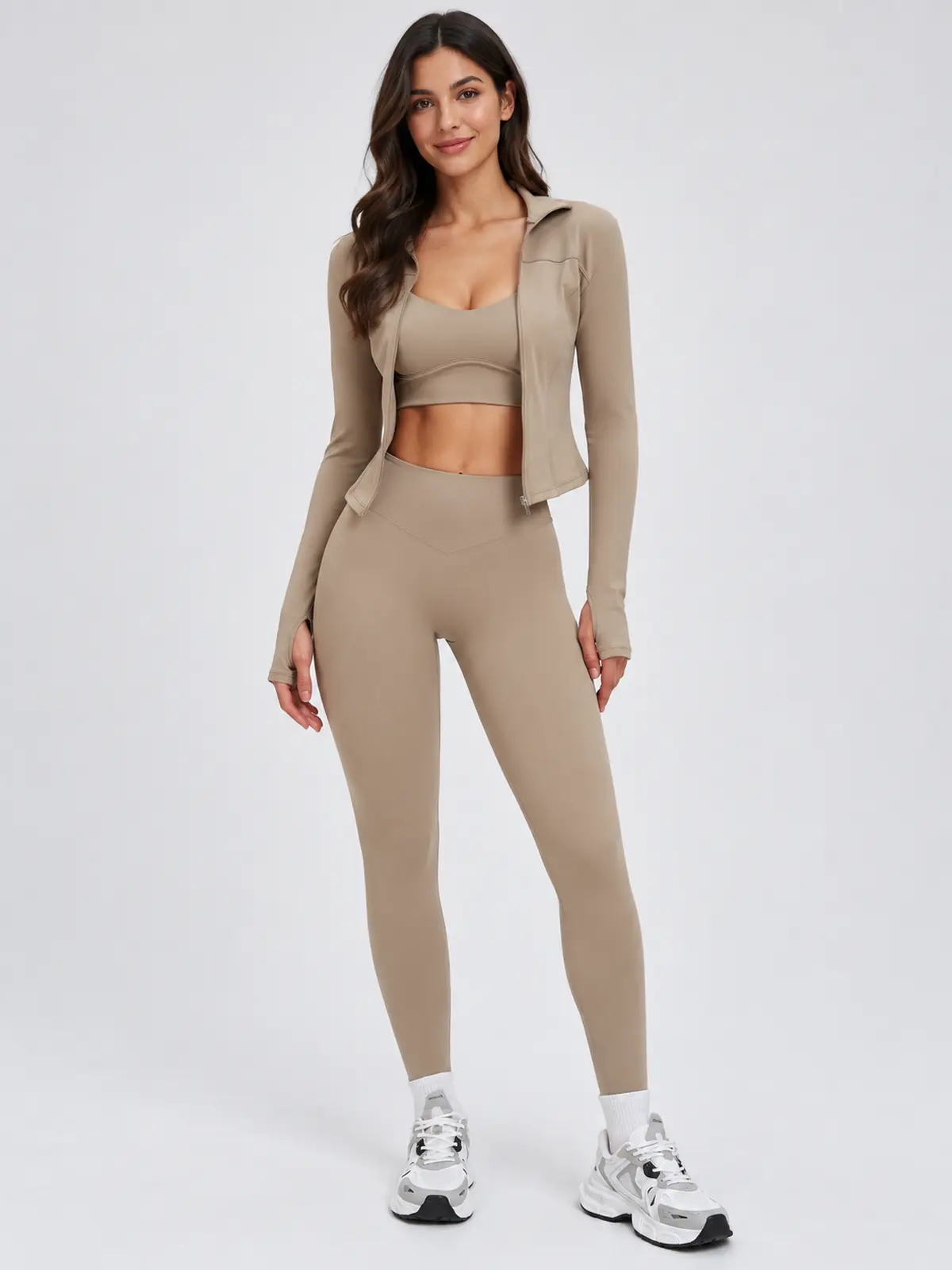 Nova Folio Sweetheart Sports Bra, Zip-Front Jacket and Leggings Set — camel brown — general — authoritative variation image