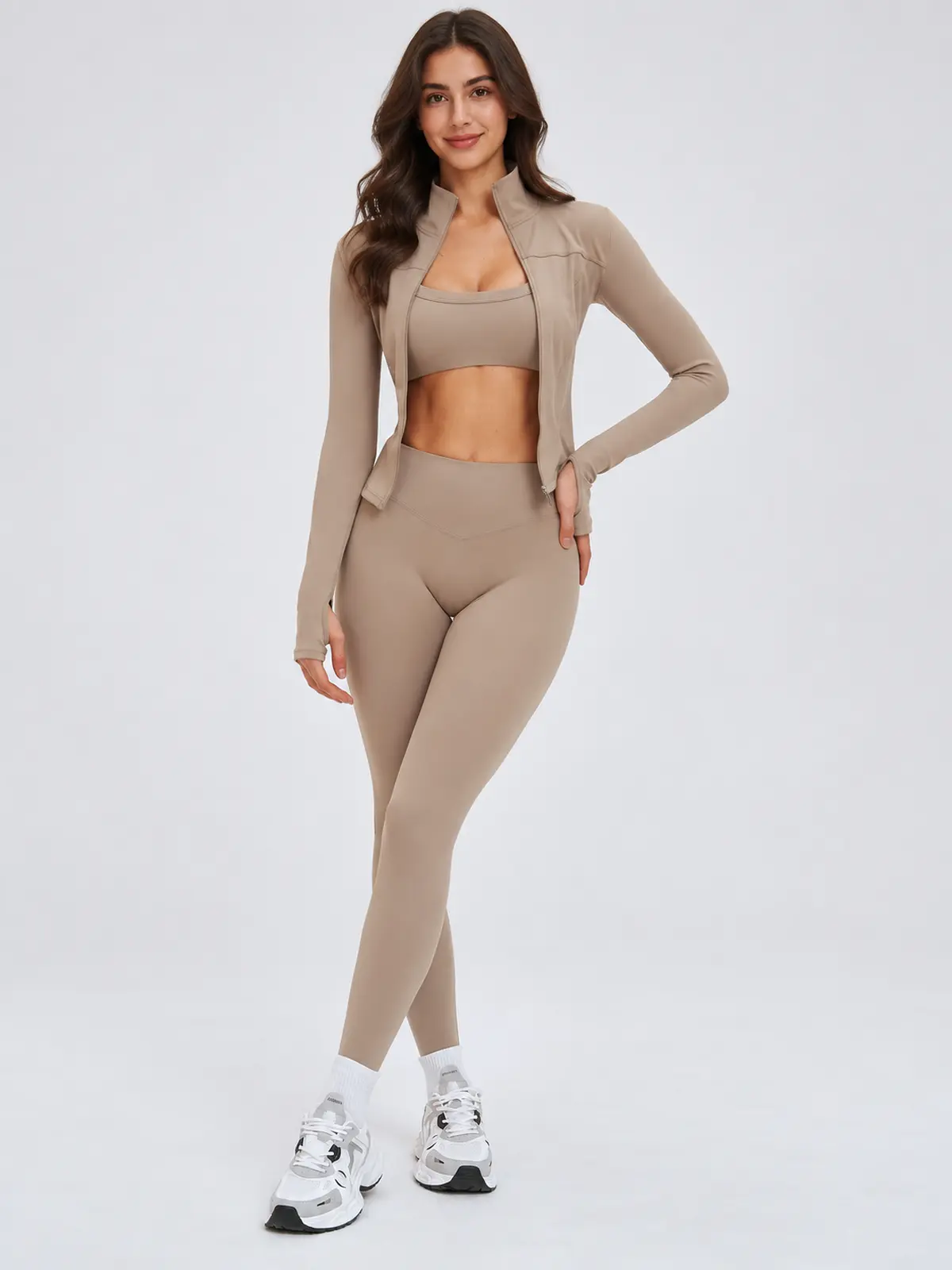 Nova Folio Sweetheart Sports Bra, Zip-Front Jacket and Leggings Set — camel brown — general — authoritative variation match