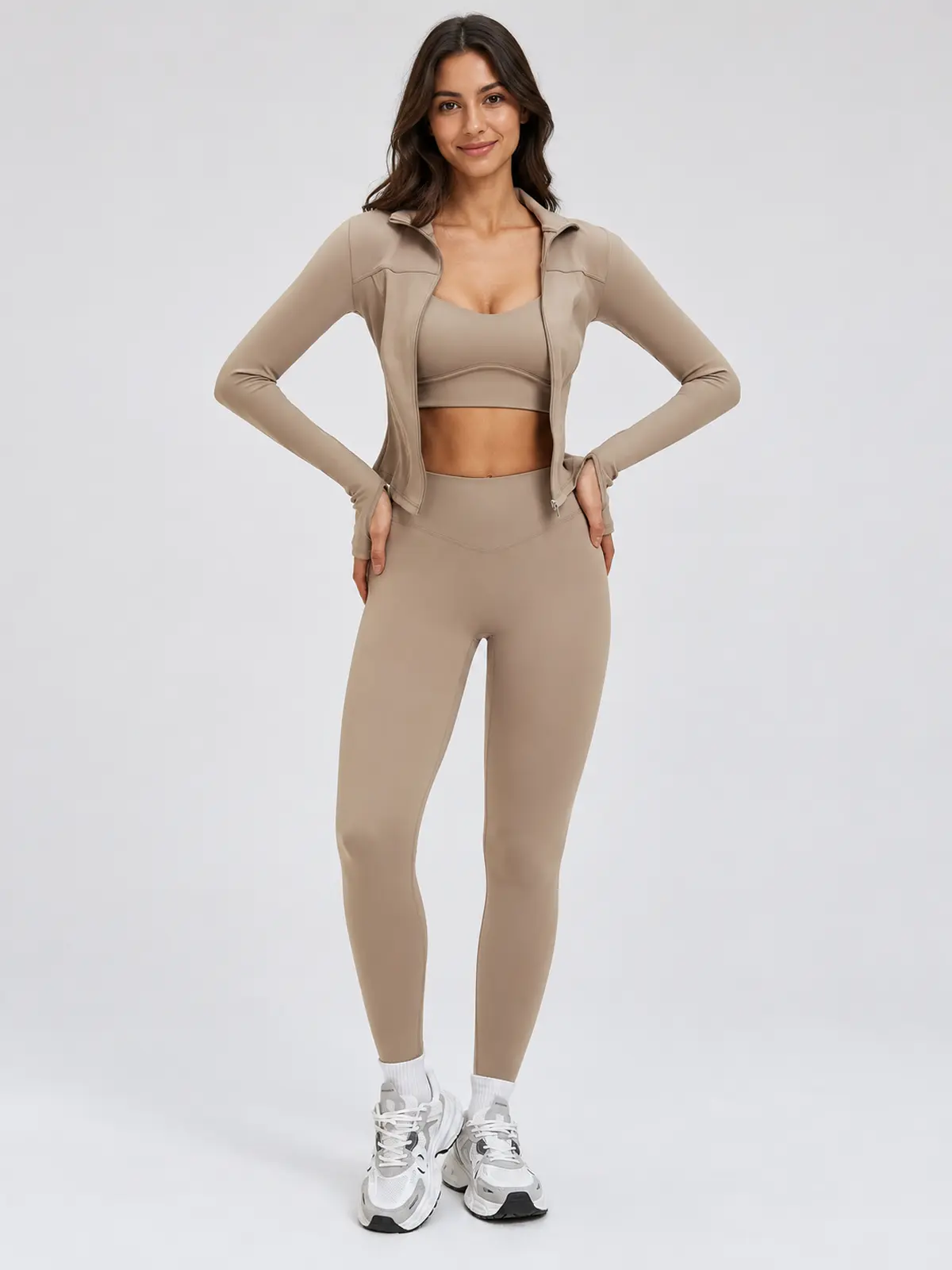 Nova Folio Sweetheart Sports Bra, Zip-Front Jacket and Leggings Set — camel brown — general — authoritative variation match
