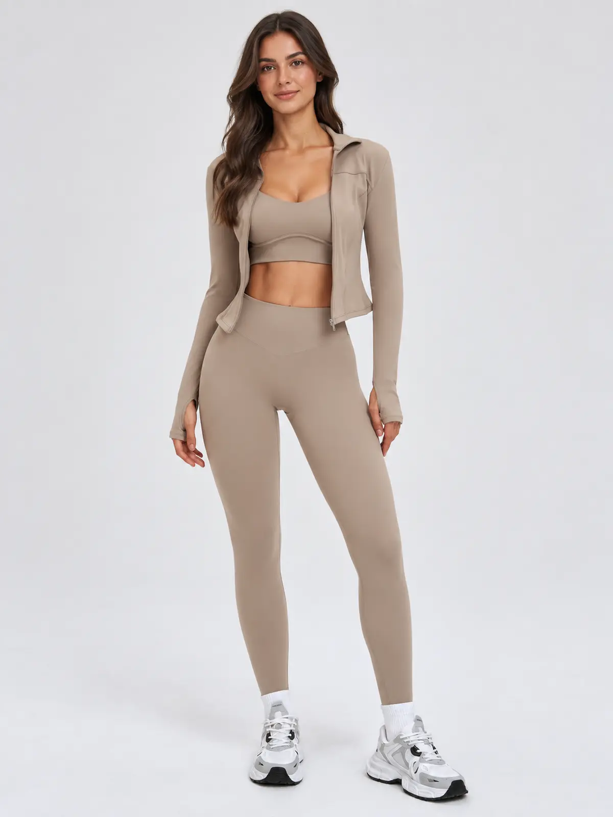 Nova Folio Sweetheart Sports Bra, Zip-Front Jacket and Leggings Set — camel brown — general — authoritative variation match