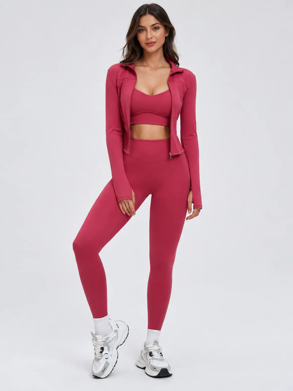 Nova Folio Sweetheart Sports Bra, Zip-Front Jacket and Leggings Set — cherry red — general — authoritative variation image