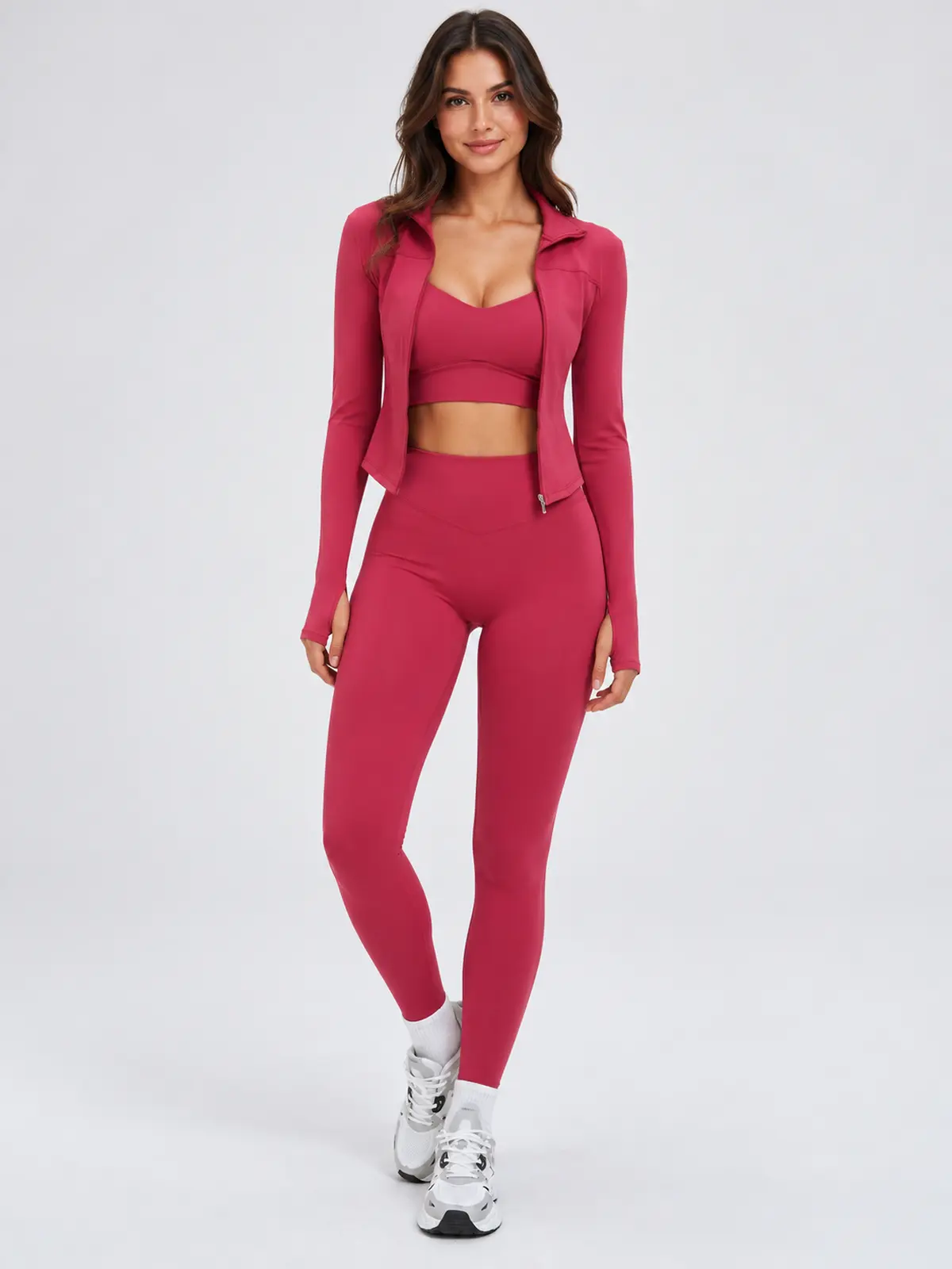 Nova Folio Sweetheart Sports Bra, Zip-Front Jacket and Leggings Set — cherry red — general — authoritative variation match
