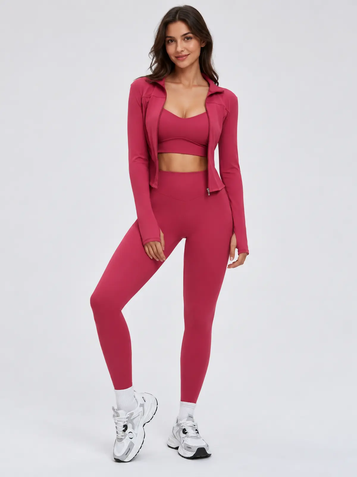 Nova Folio Sweetheart Sports Bra, Zip-Front Jacket and Leggings Set — cherry red — general — authoritative variation match