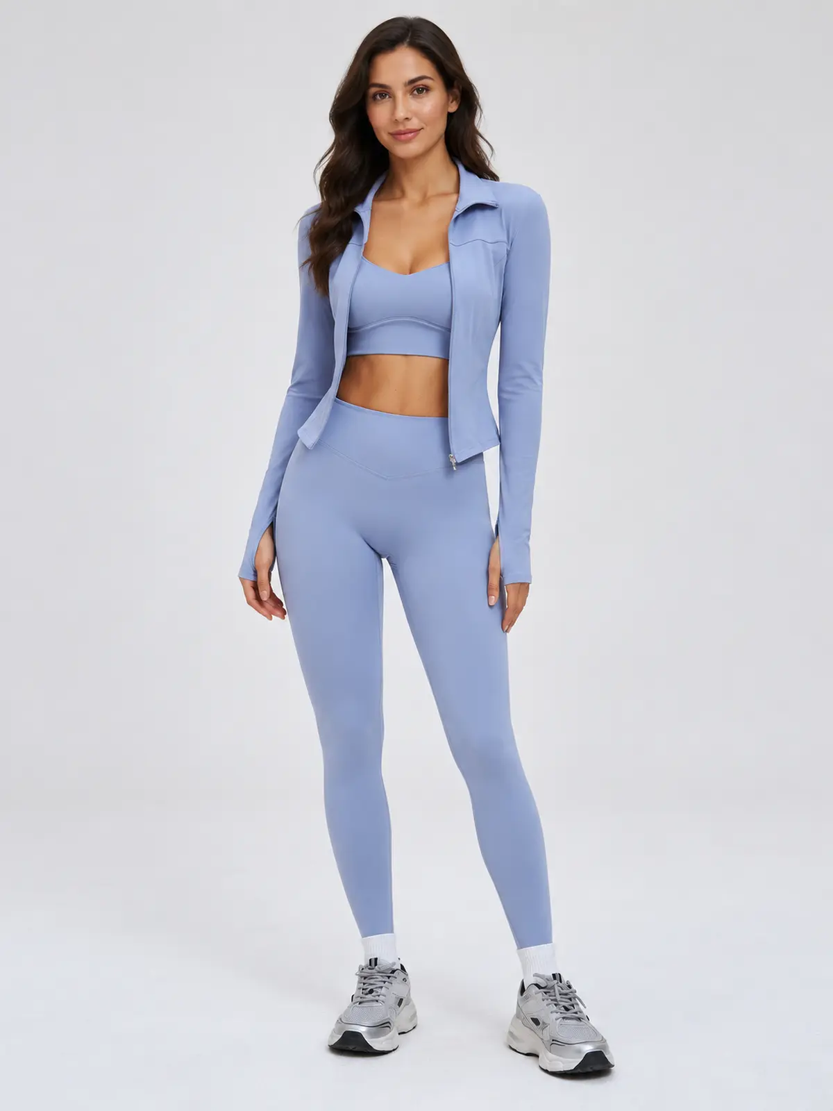 Nova Folio Sweetheart Sports Bra, Zip-Front Jacket and Leggings Set — gray blue — general — authoritative variation image