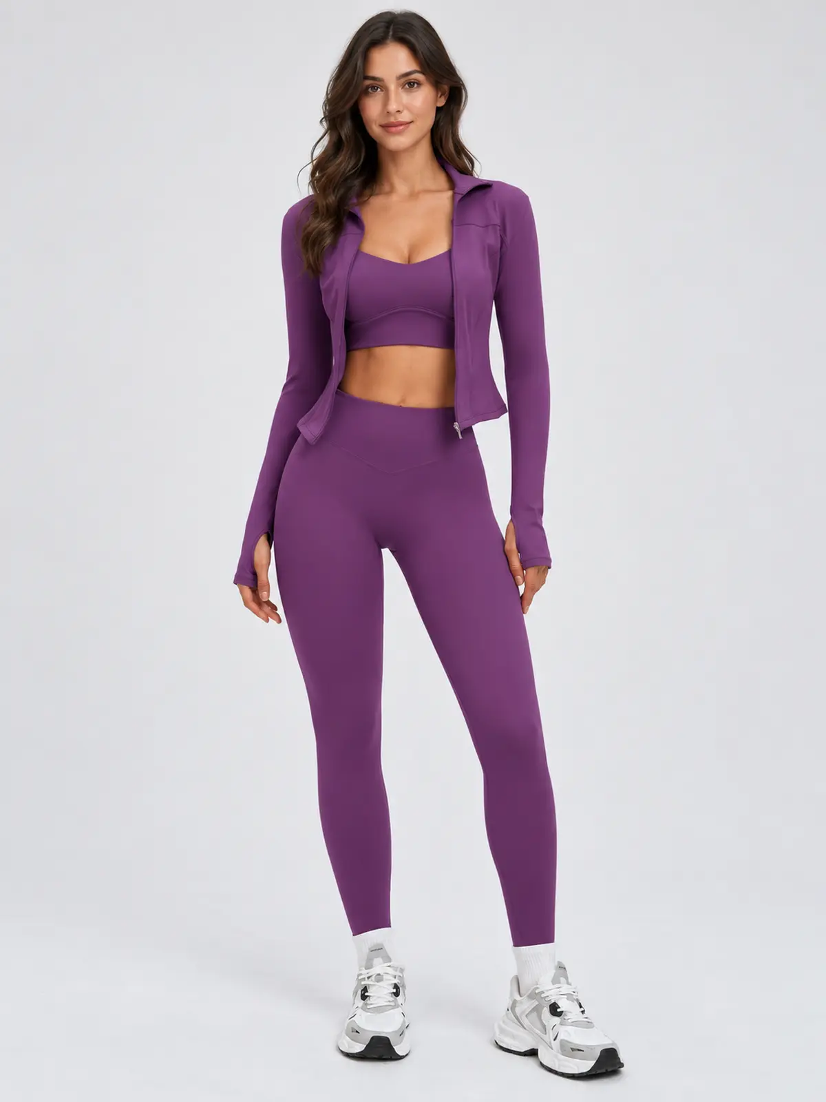 Nova Folio Sweetheart Sports Bra, Zip-Front Jacket and Leggings Set — purple — general — authoritative variation image