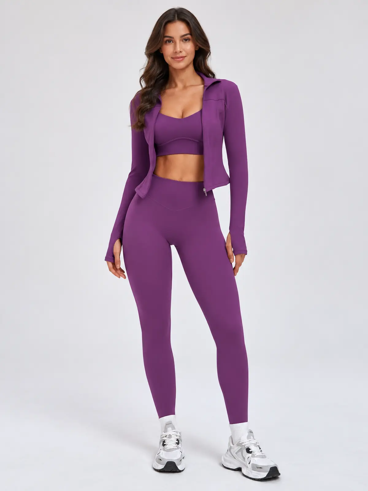 Nova Folio Sweetheart Sports Bra, Zip-Front Jacket and Leggings Set — purple — general — authoritative variation match