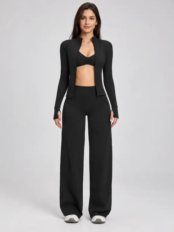 Parlor Ember Zip-Front Jacket, Sports Bra and Flare Leggings Set — black — general — authoritative variation image