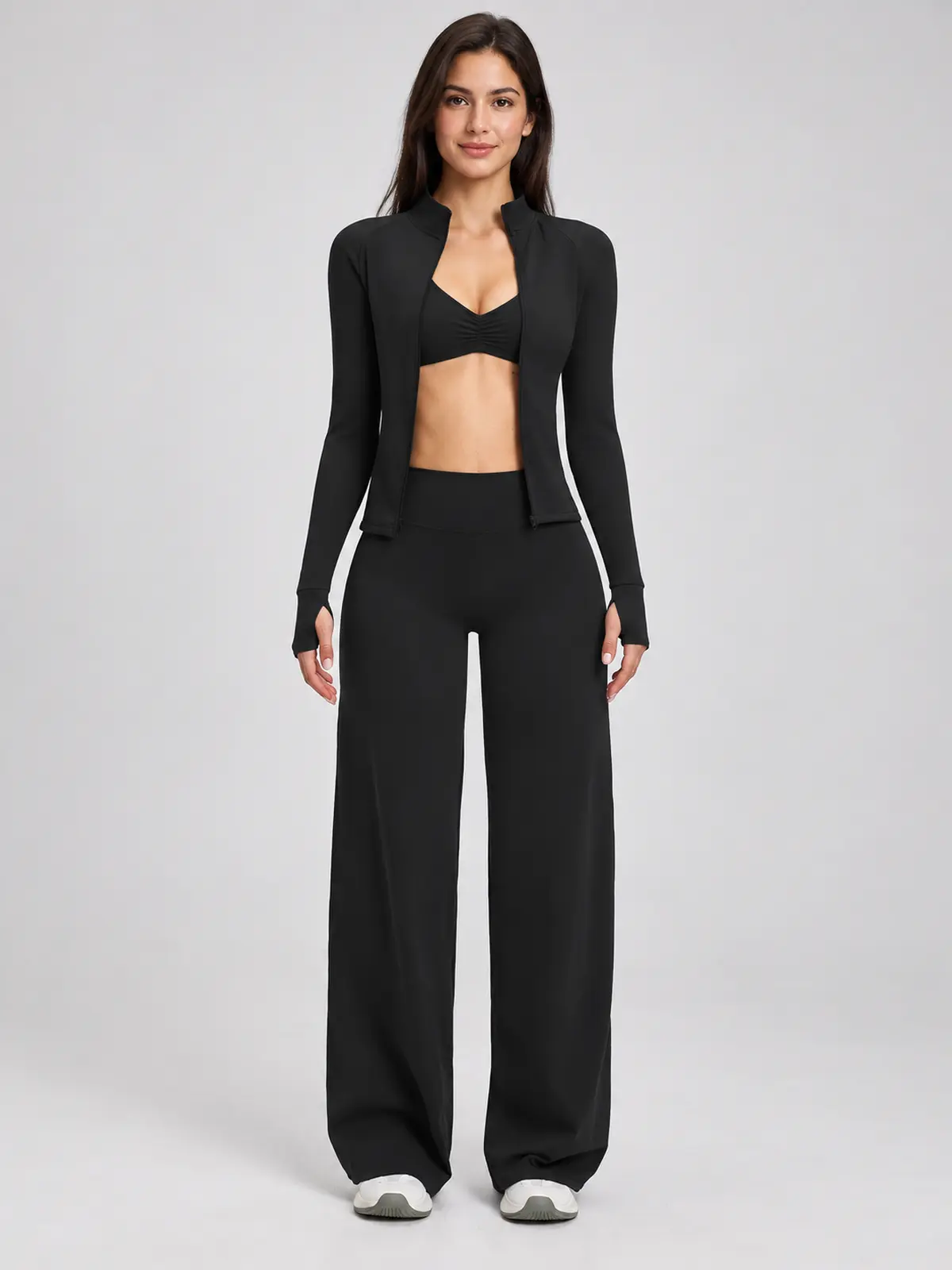 Parlor Ember Zip-Front Jacket, Sports Bra and Flare Leggings Set — black — general — authoritative variation image