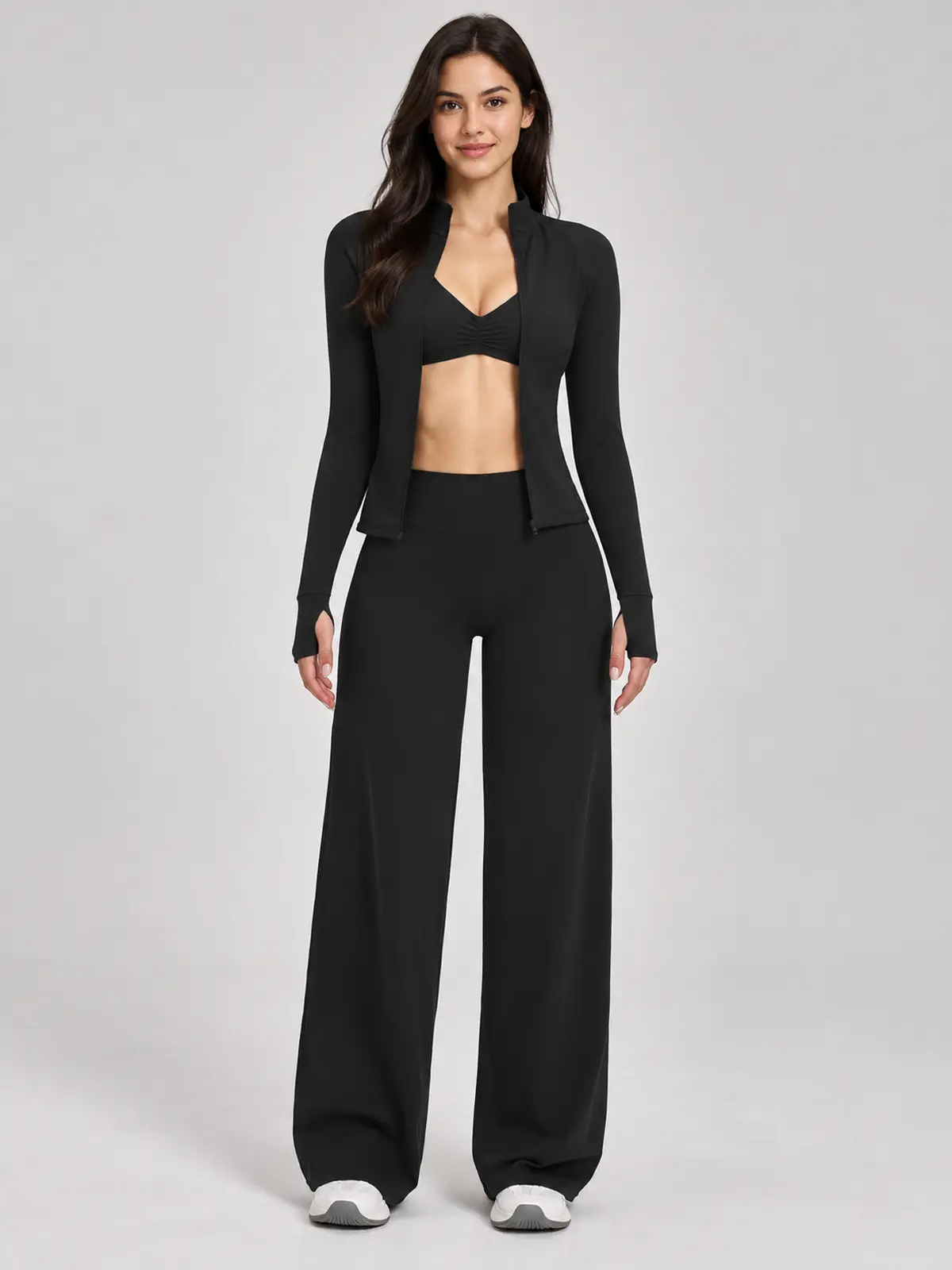 Parlor Ember Zip-Front Jacket, Sports Bra and Flare Leggings Set — black — general — authoritative variation match