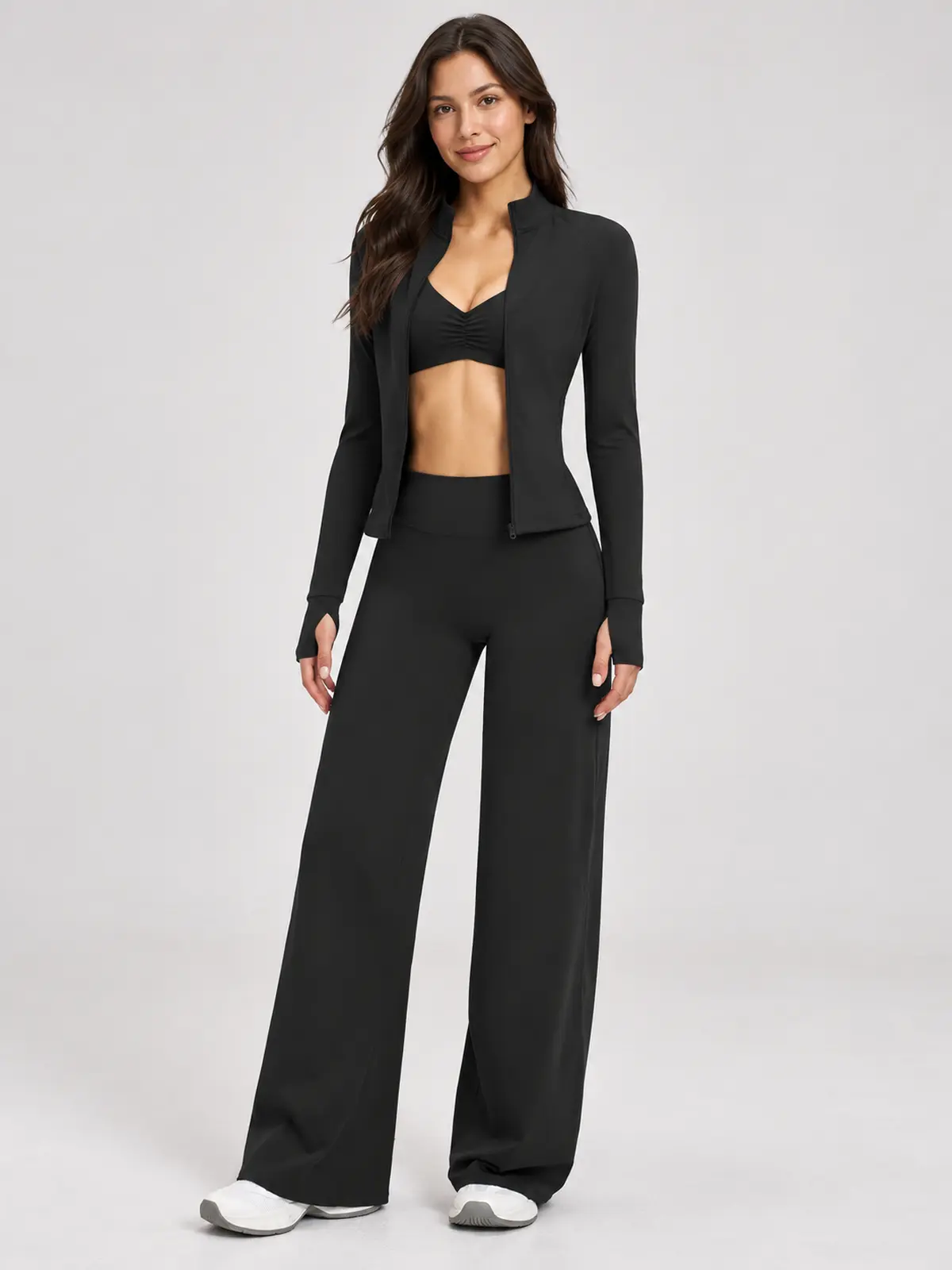 Parlor Ember Zip-Front Jacket, Sports Bra and Flare Leggings Set — black — general — authoritative variation match