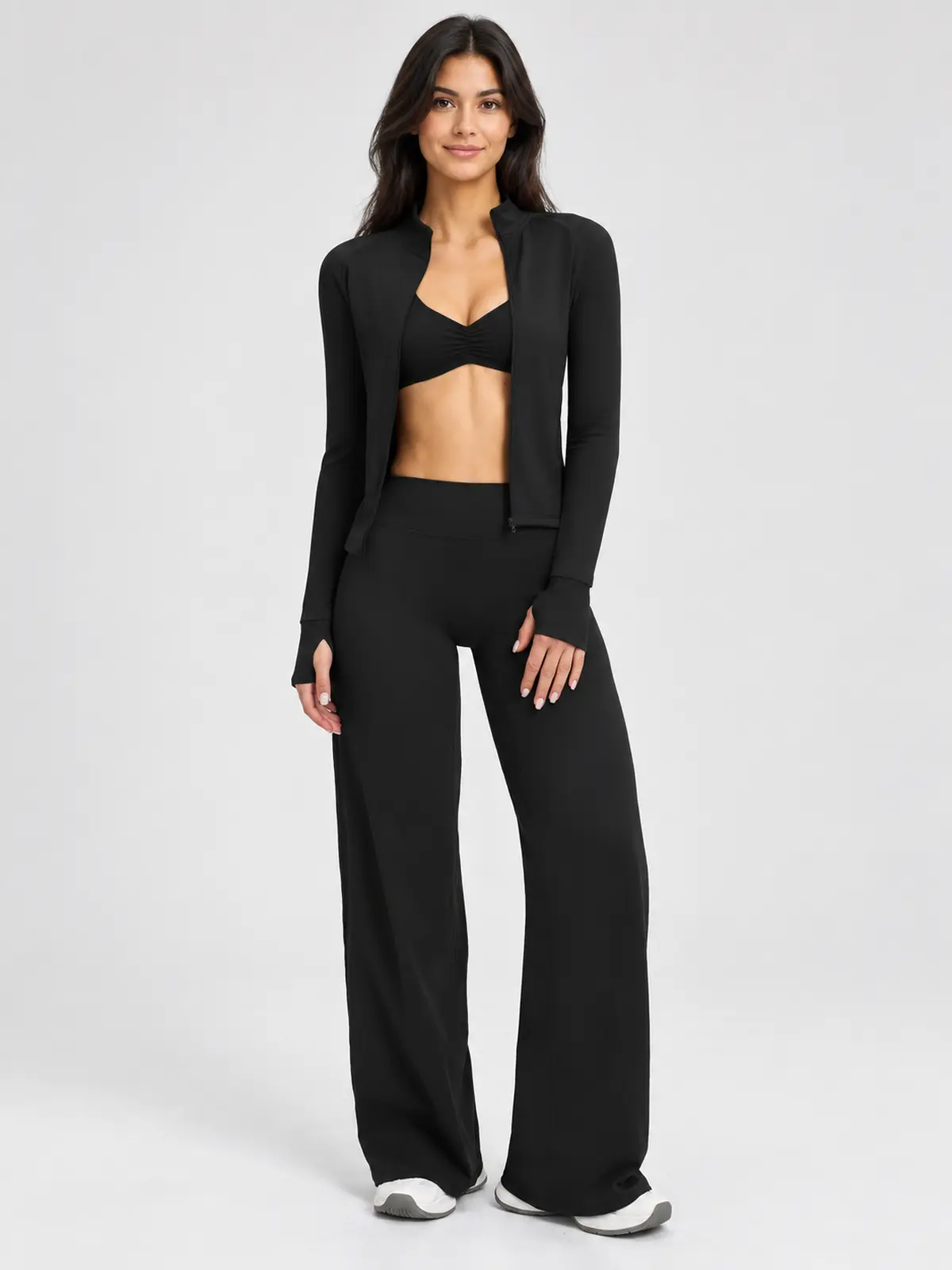 Parlor Ember Zip-Front Jacket, Sports Bra and Flare Leggings Set — black — general — authoritative variation match