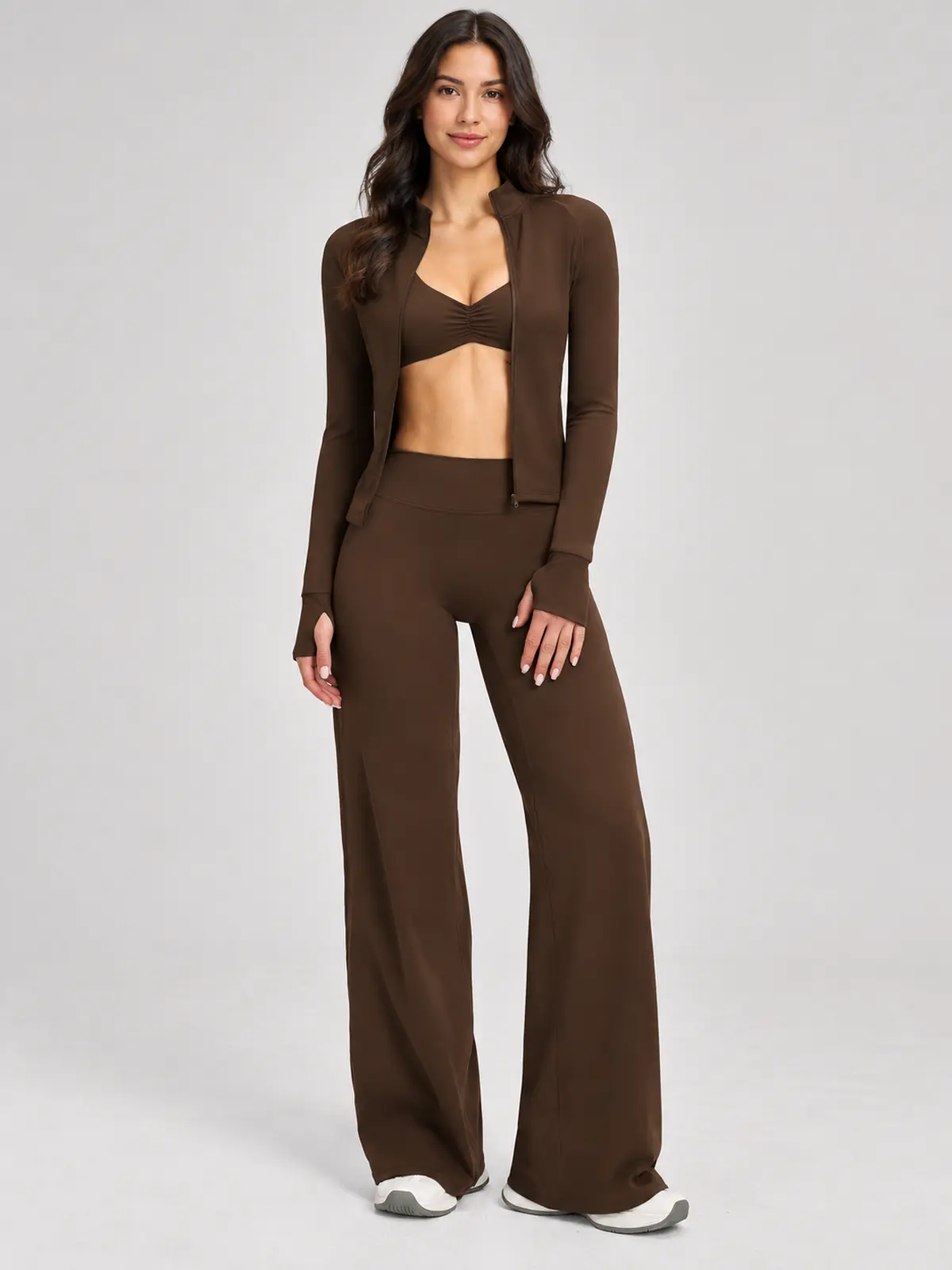 Parlor Ember Zip-Front Jacket, Sports Bra and Flare Leggings Set — dark coffee brown — general — authoritative variation match